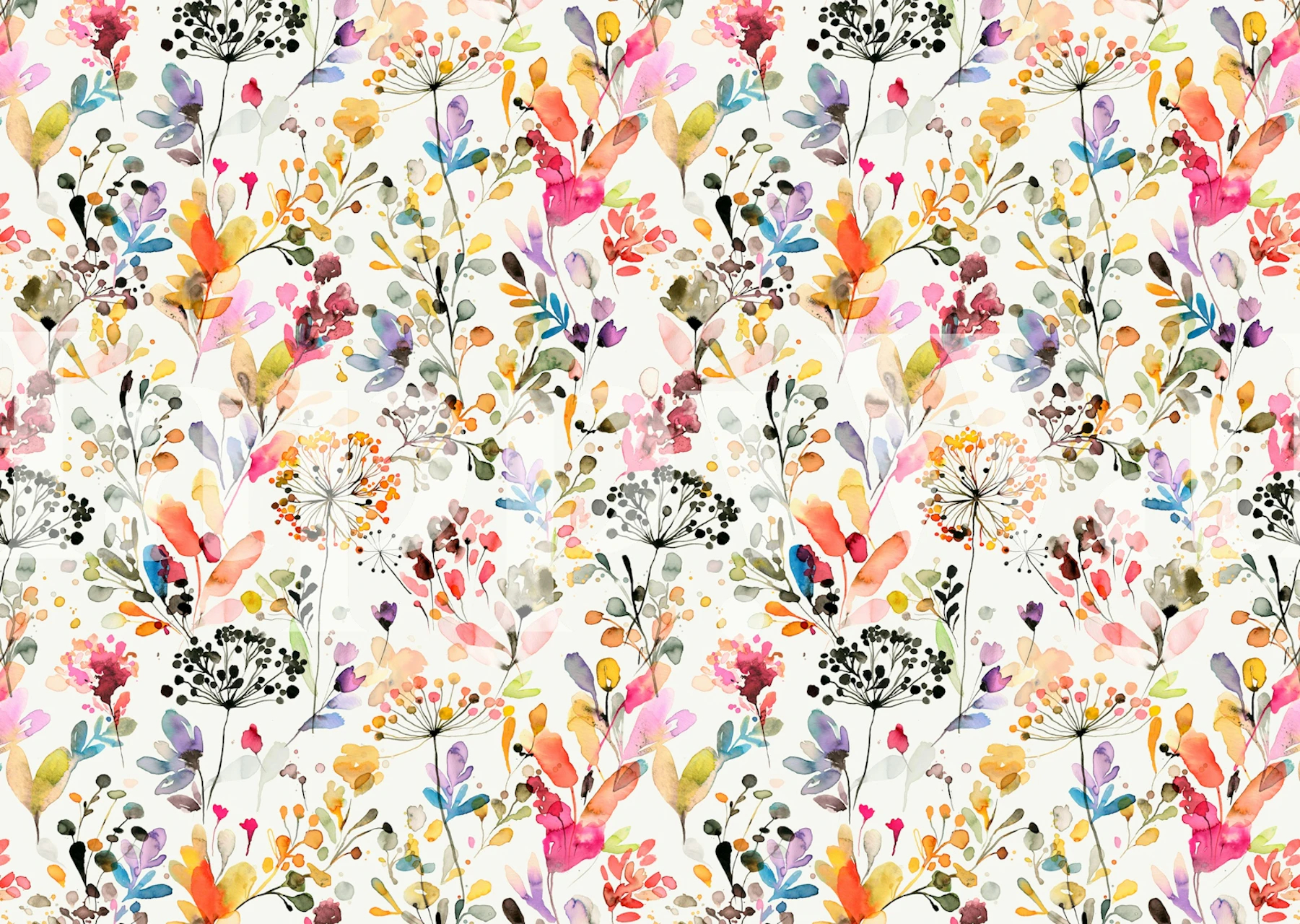 Botanički zidni mural s uzorkom divljih trava i šarenog cvijeća na neutralnoj pozadini