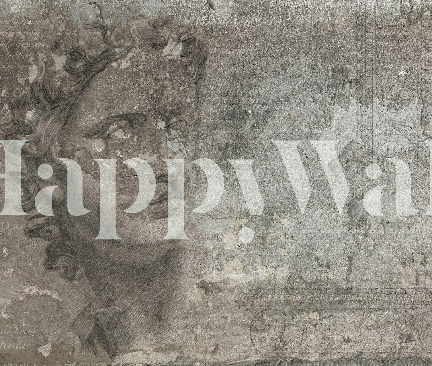 Historical motifs in grey tones on beige wallpaper