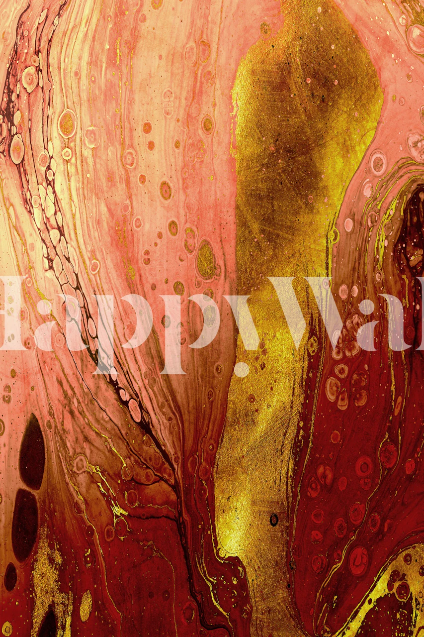 Gold and red abstract pattern wallpaper with fluid shapes