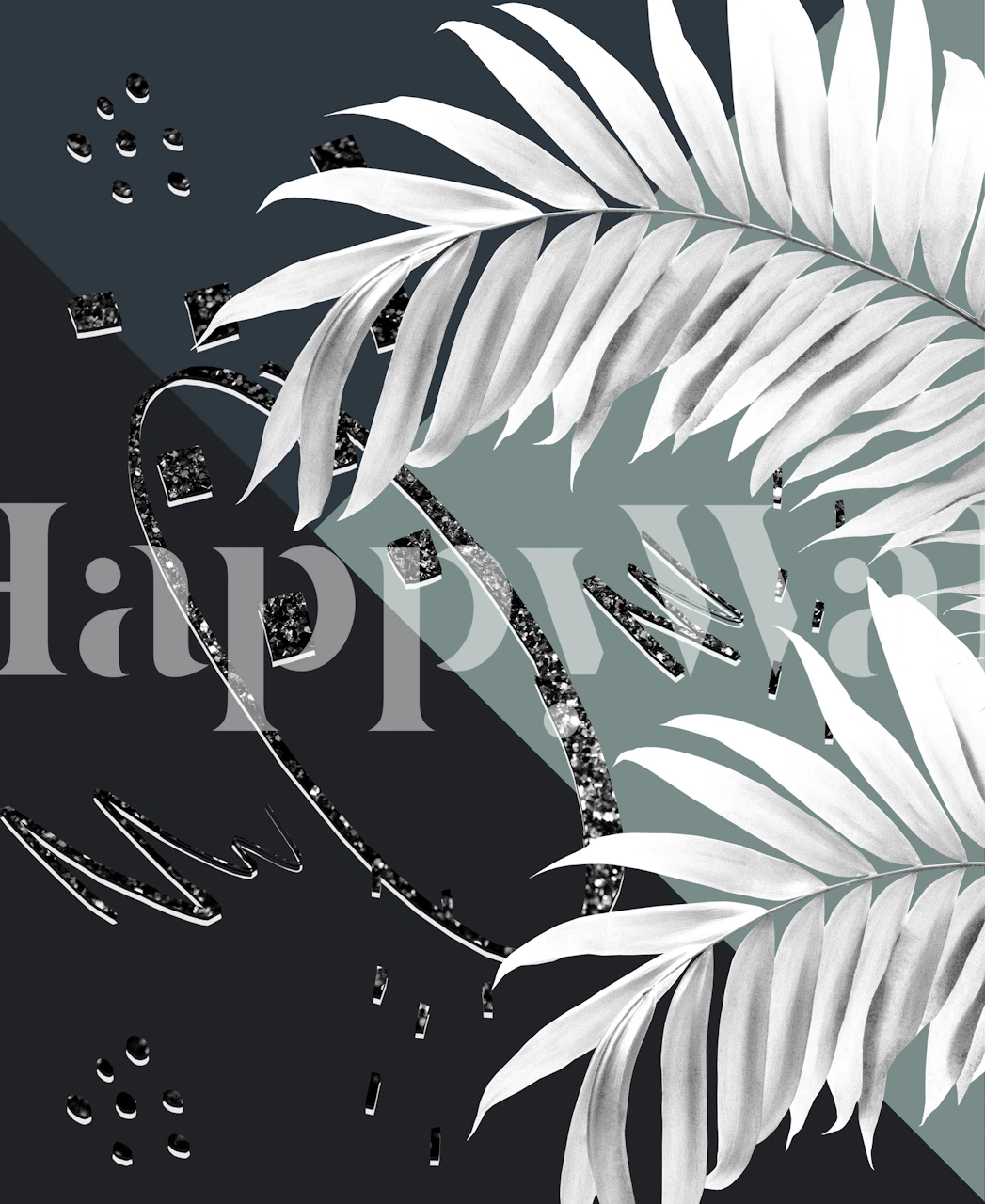 Tropical palm leaves with black and white abstract shapes wallpaper