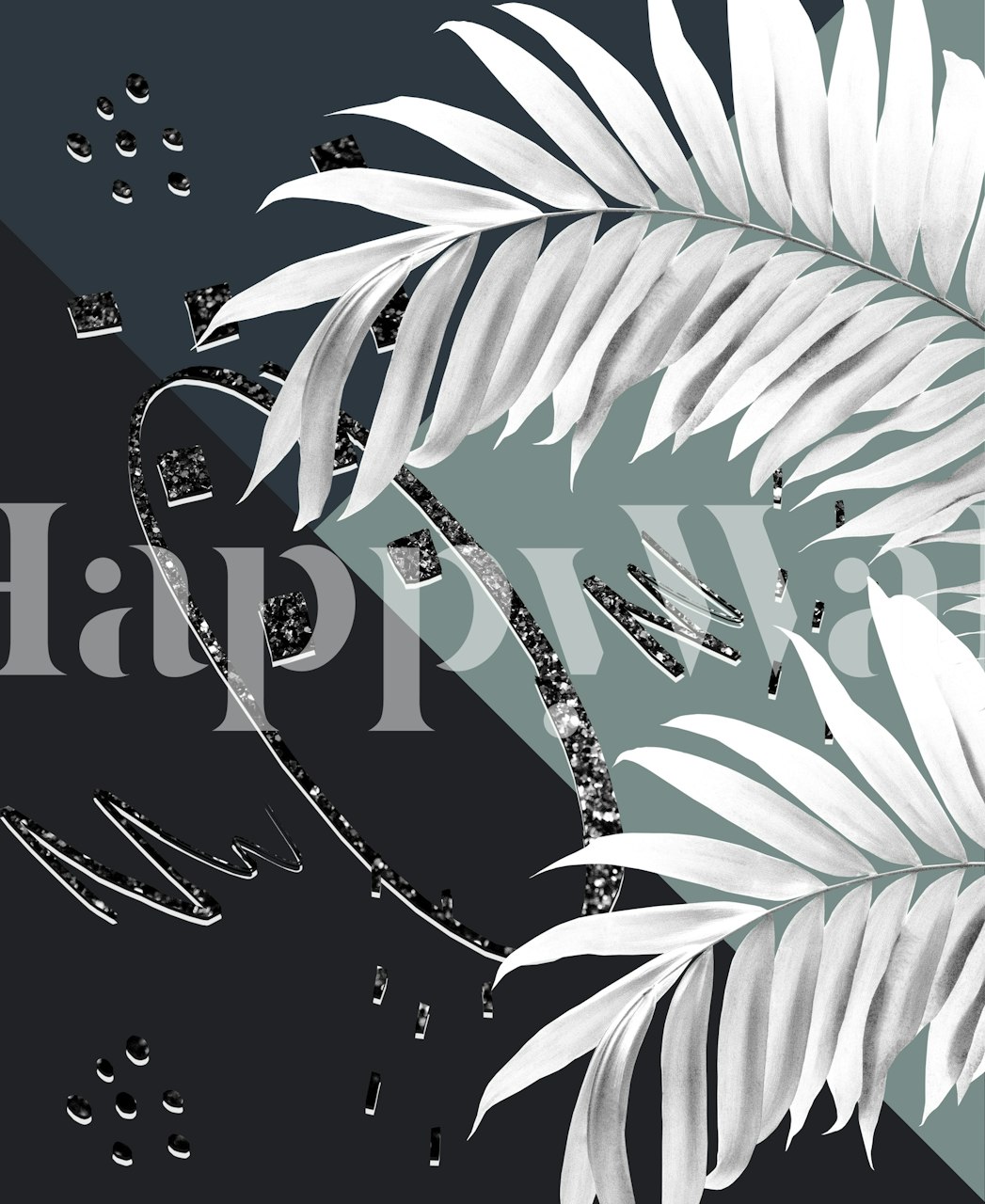 Tropical palm leaves with black and white abstract shapes wallpaper