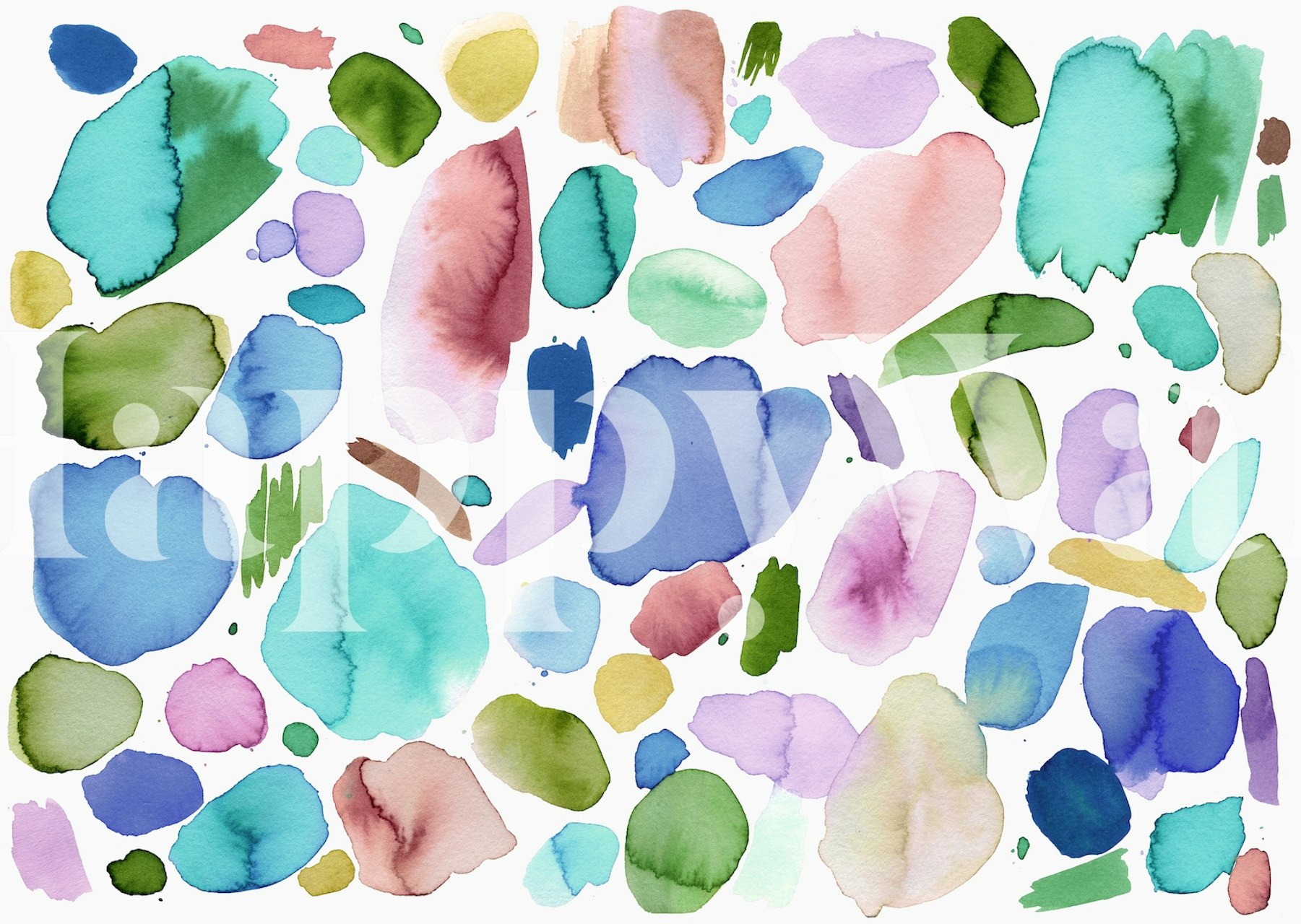 Colorful abstract watercolor shapes in blue, green, and pink wallpaper