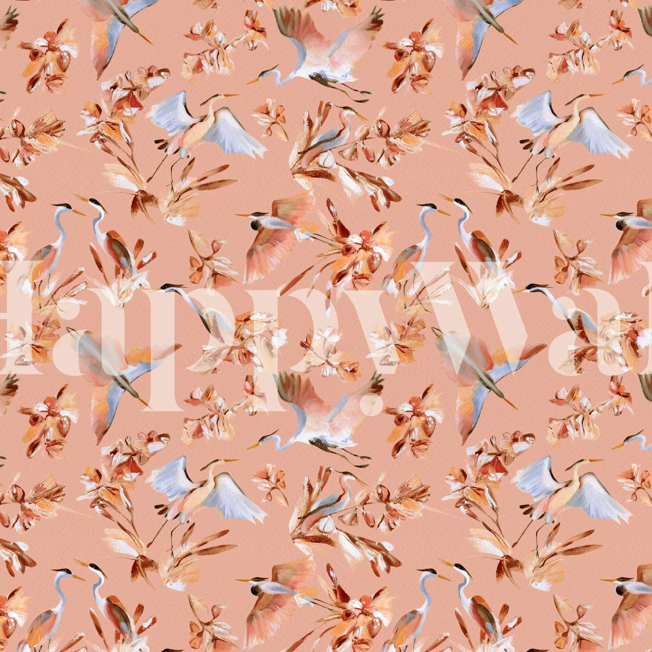 Herons and flowers in soft pink tones floral wallpaper
