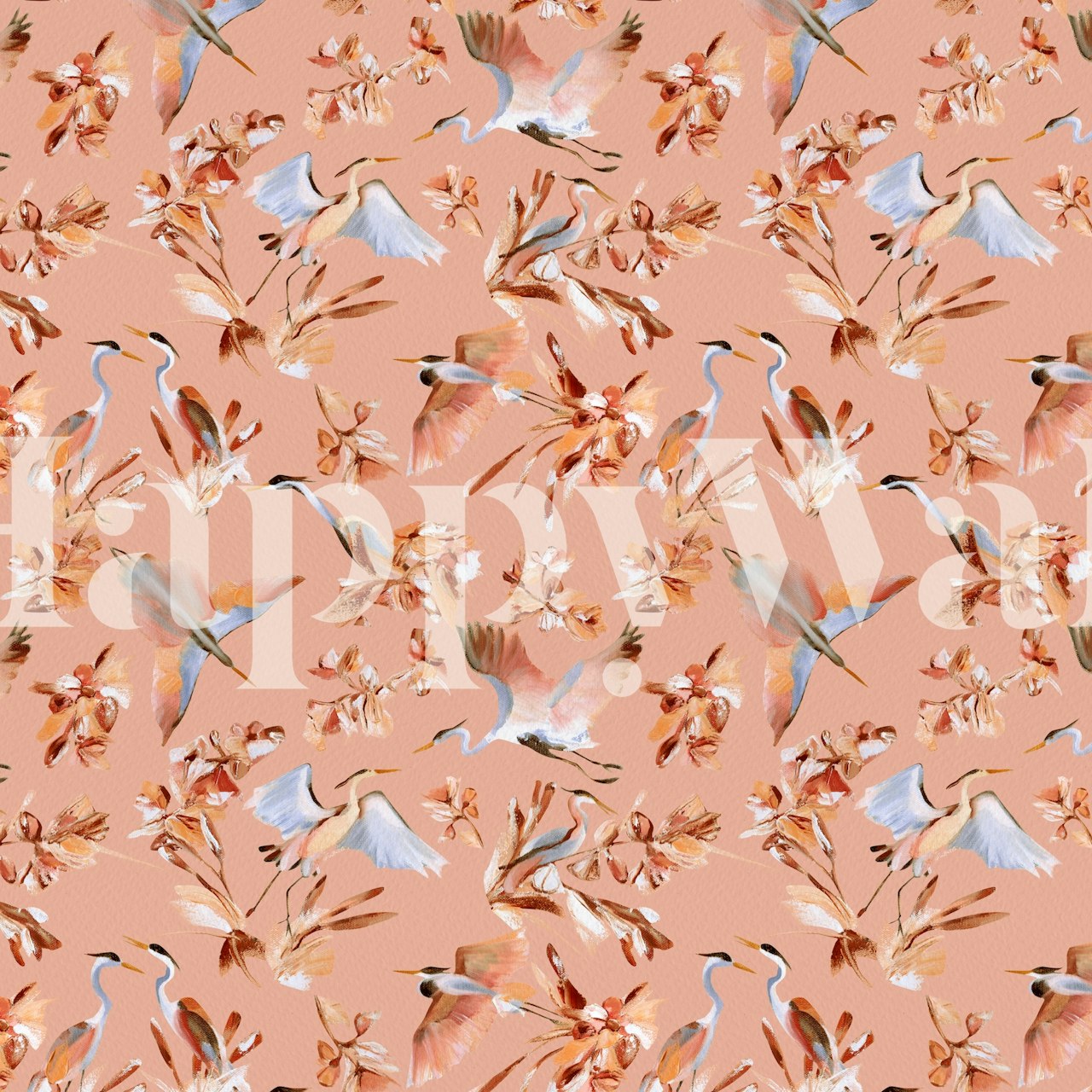 Papier peint mural élégant hérons et fleurs dans des tons rosés du coucher du soleil