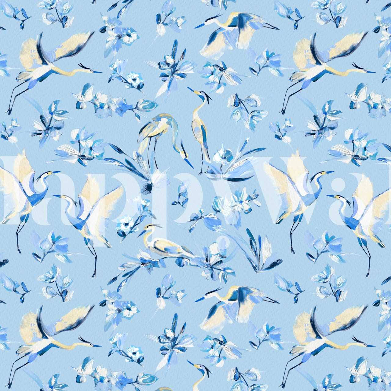 Elegante hejrer og blomstermønstre i nuancer af morgenblå vægmaleri