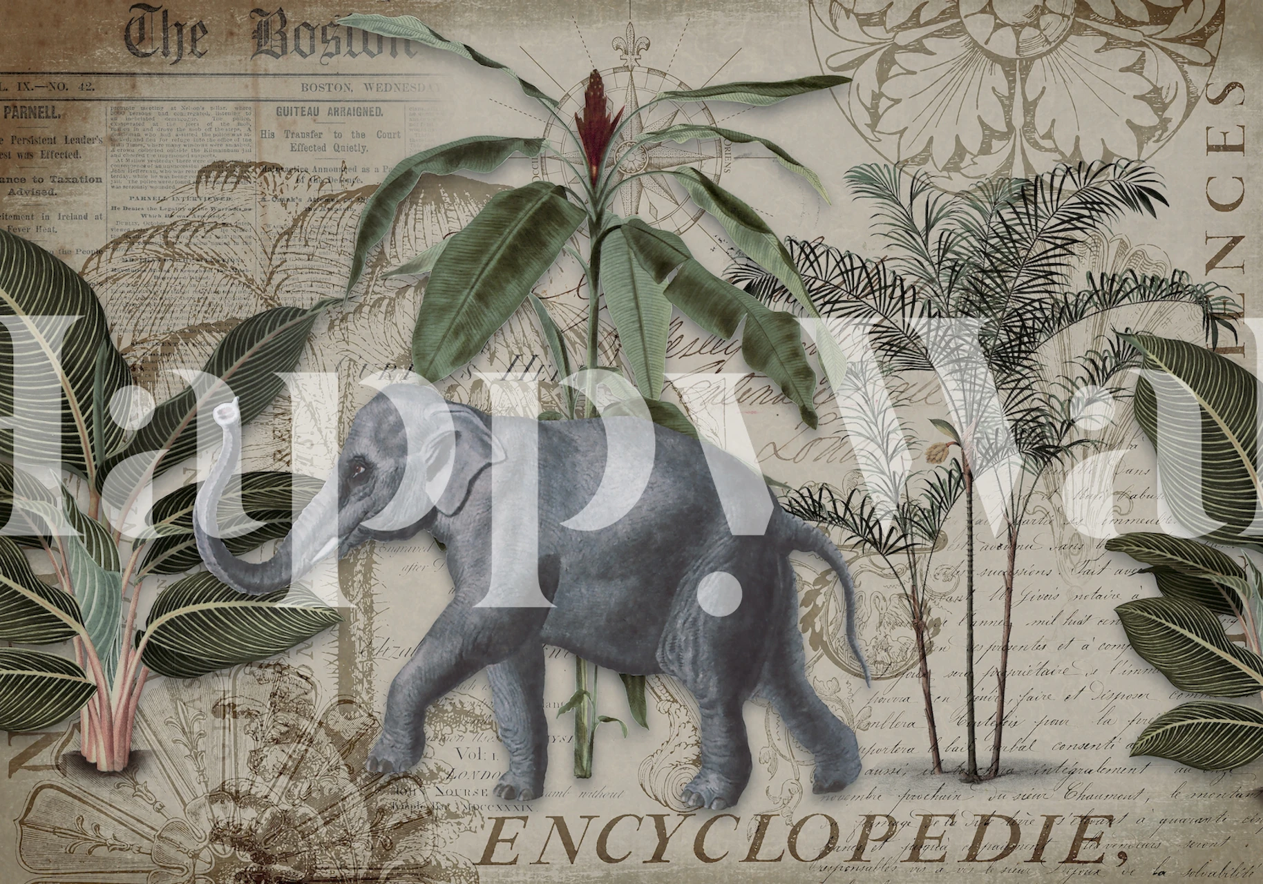 Elephant collage art wallpaper in a room