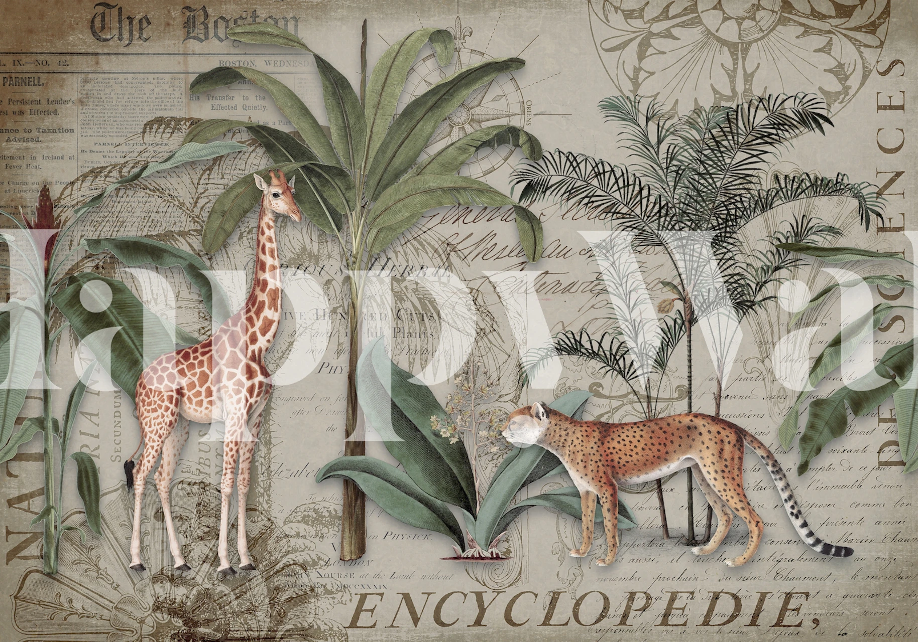 Giraffe and cheetah among tropical plants, vintage style wallpaper