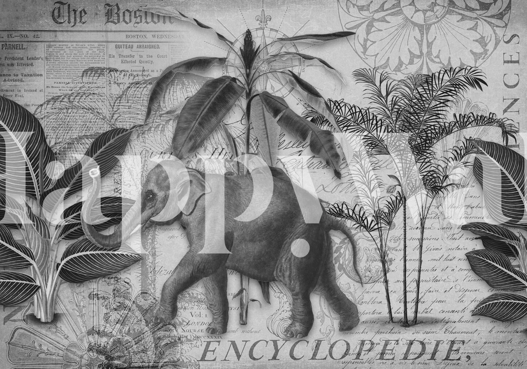Elephants Journey Collage Grey wallpaper in room