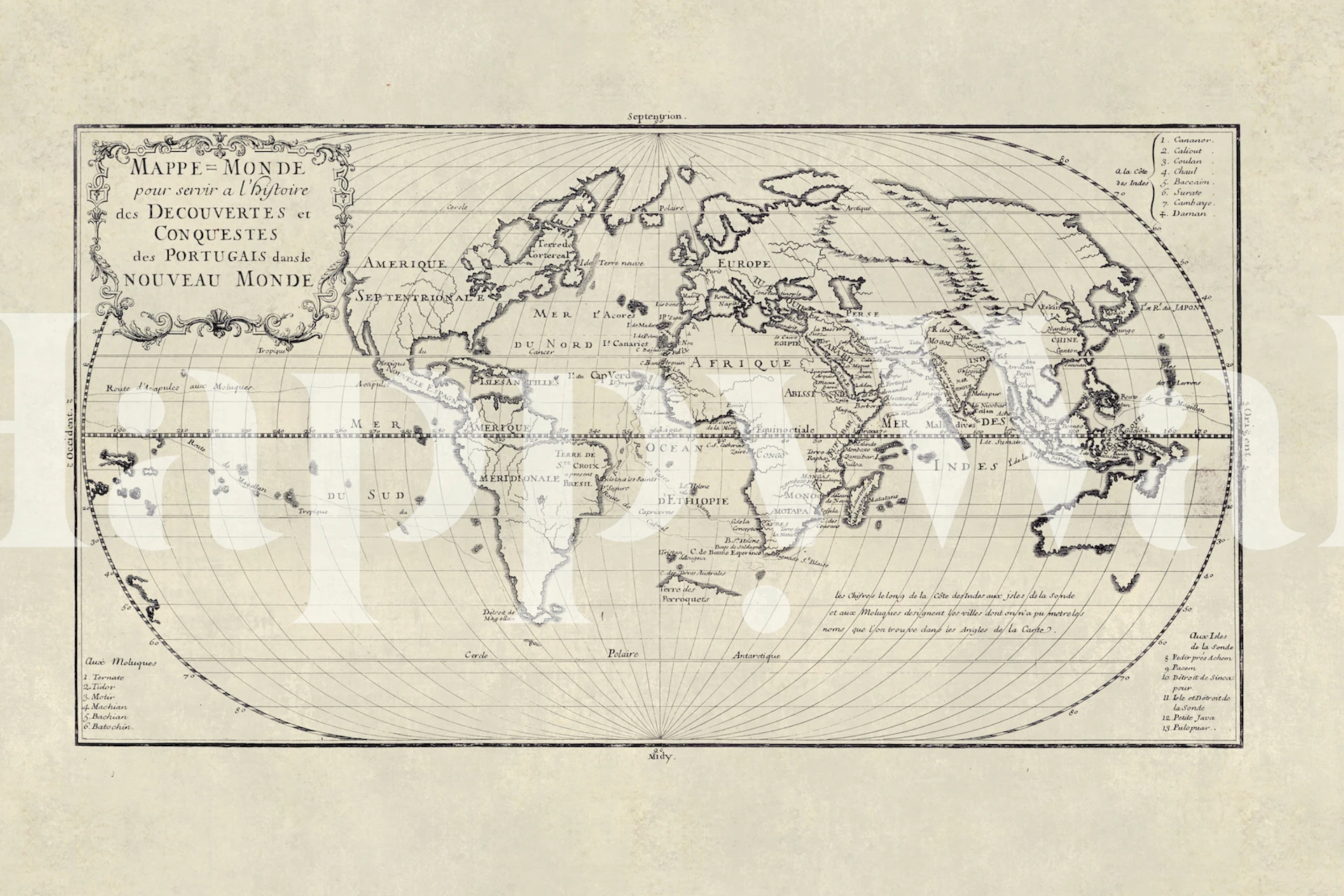Old world map in sepia tones with detailed cartography.