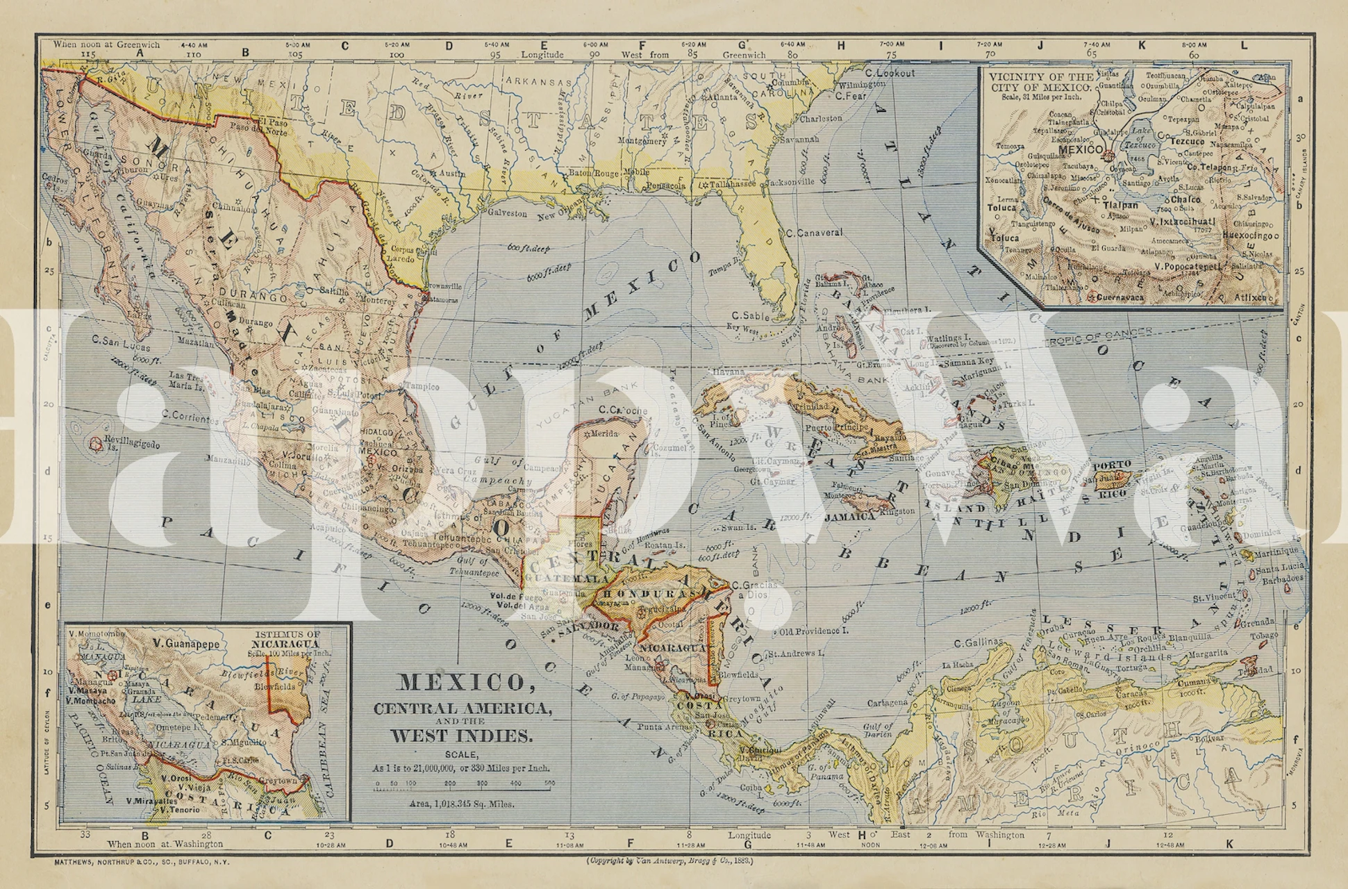 Vintage Caribbean og Mexico kartveggmaleri som viser detaljert historisk kartografi.