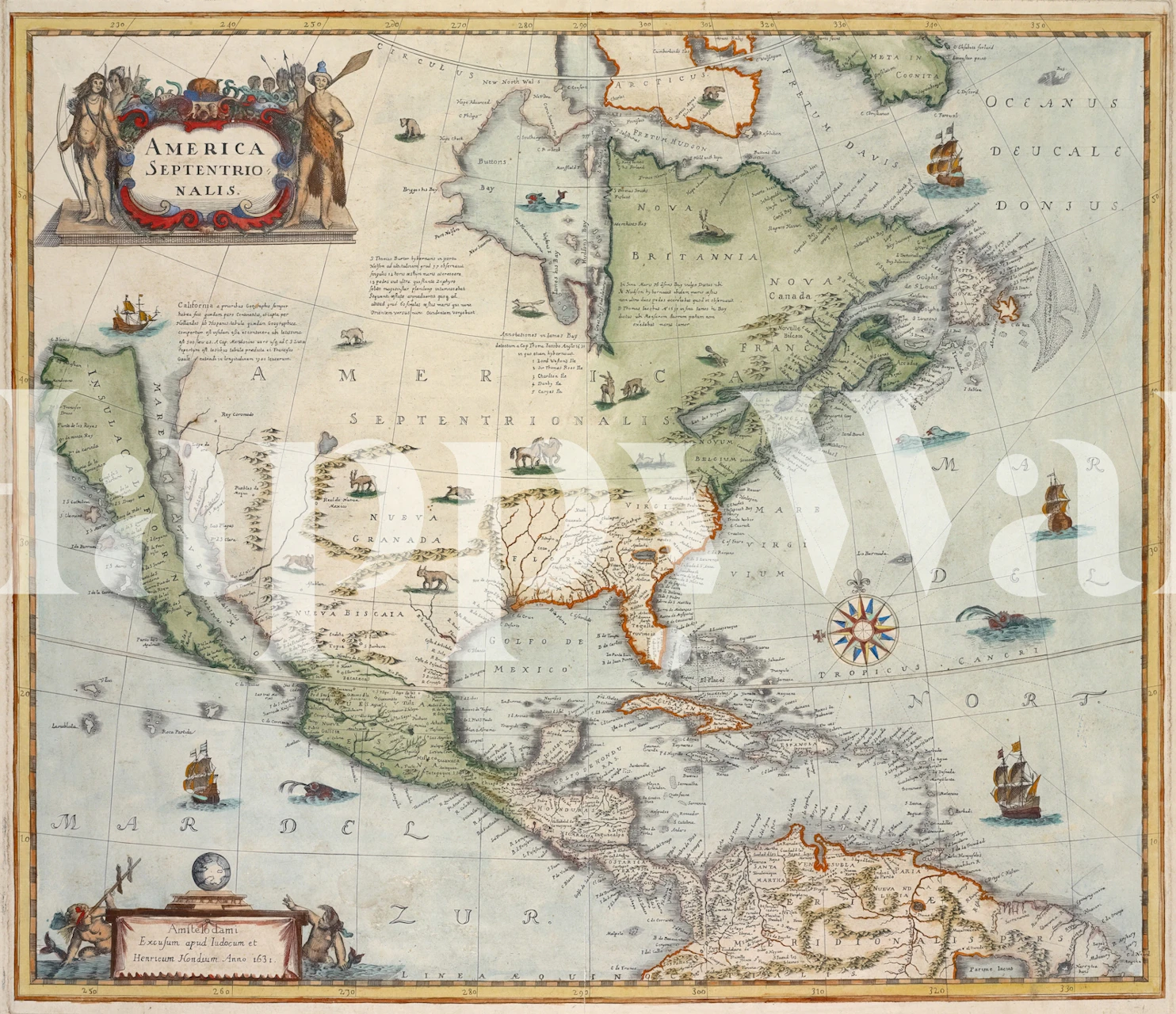 Vintage America map with waterways, ships, and landforms wallpaper