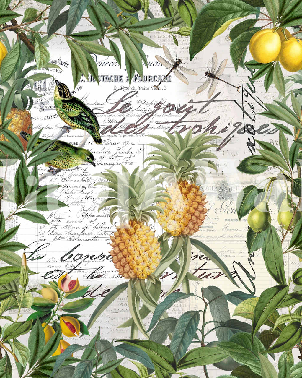 Tropical pineapples with green leaves and floral elements wallpaper