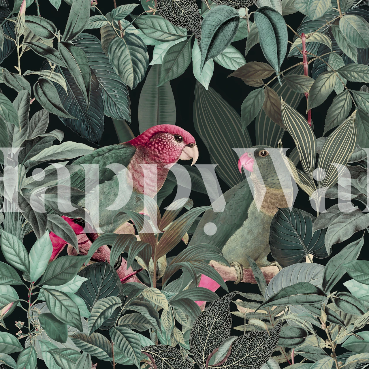 Wandbild „Papageien, grünes Dschungelparadies“ mit tropischen Vögeln und Blättern.