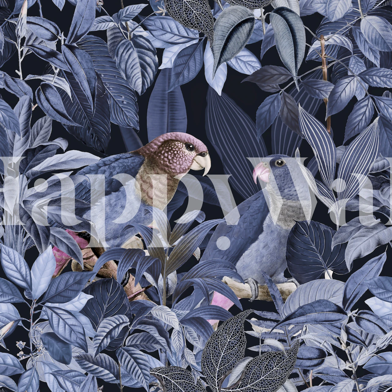 Blue parrots amidst lush leaves in dark tones wallpaper
