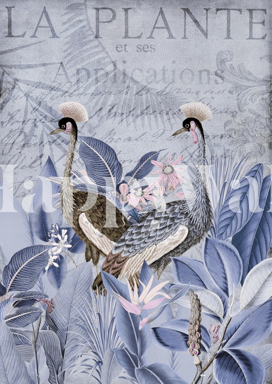 Elegant blue cranes among foliage and vintage script on a wall mural