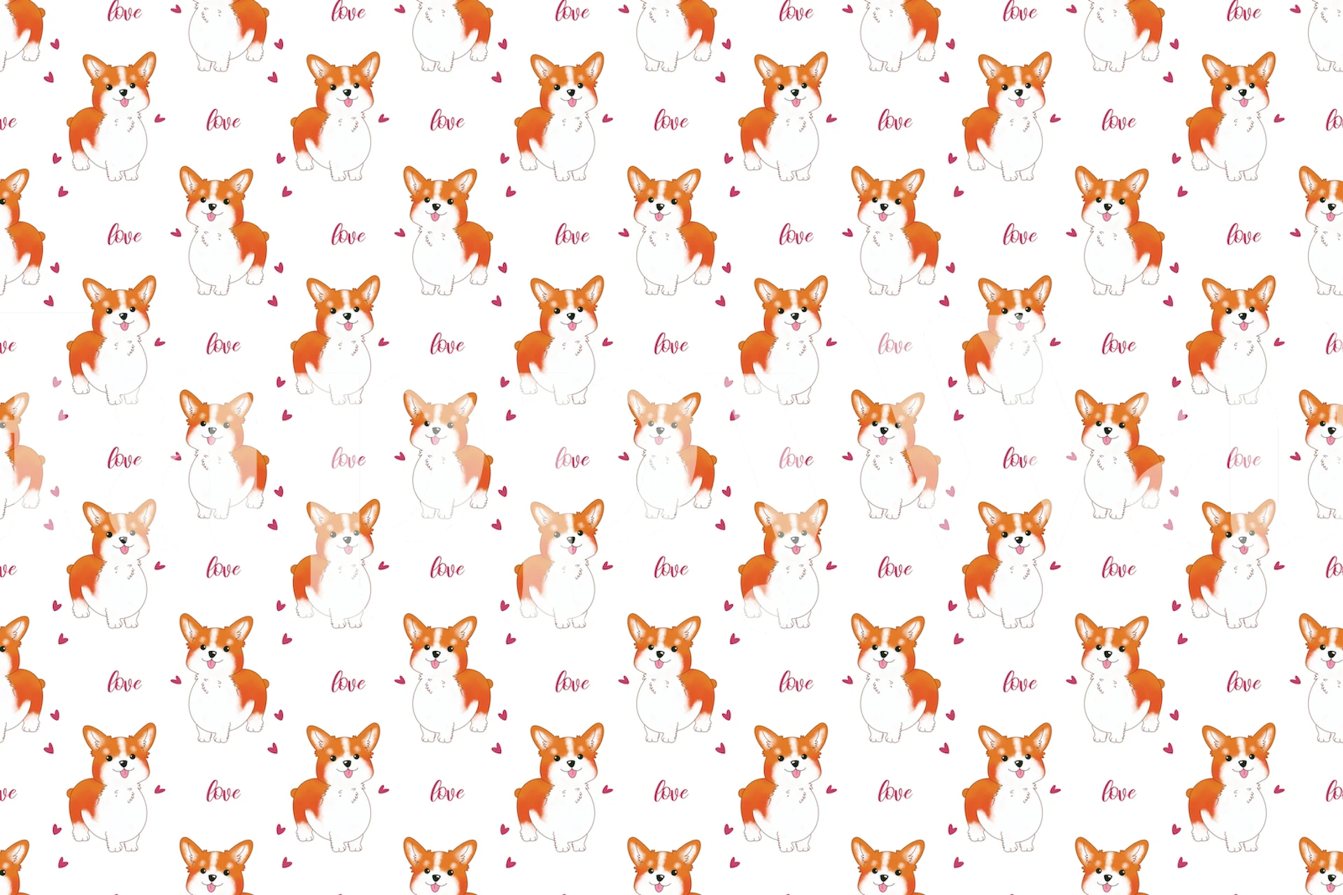 Cute corgi dogs with hearts on a white background wallpaper