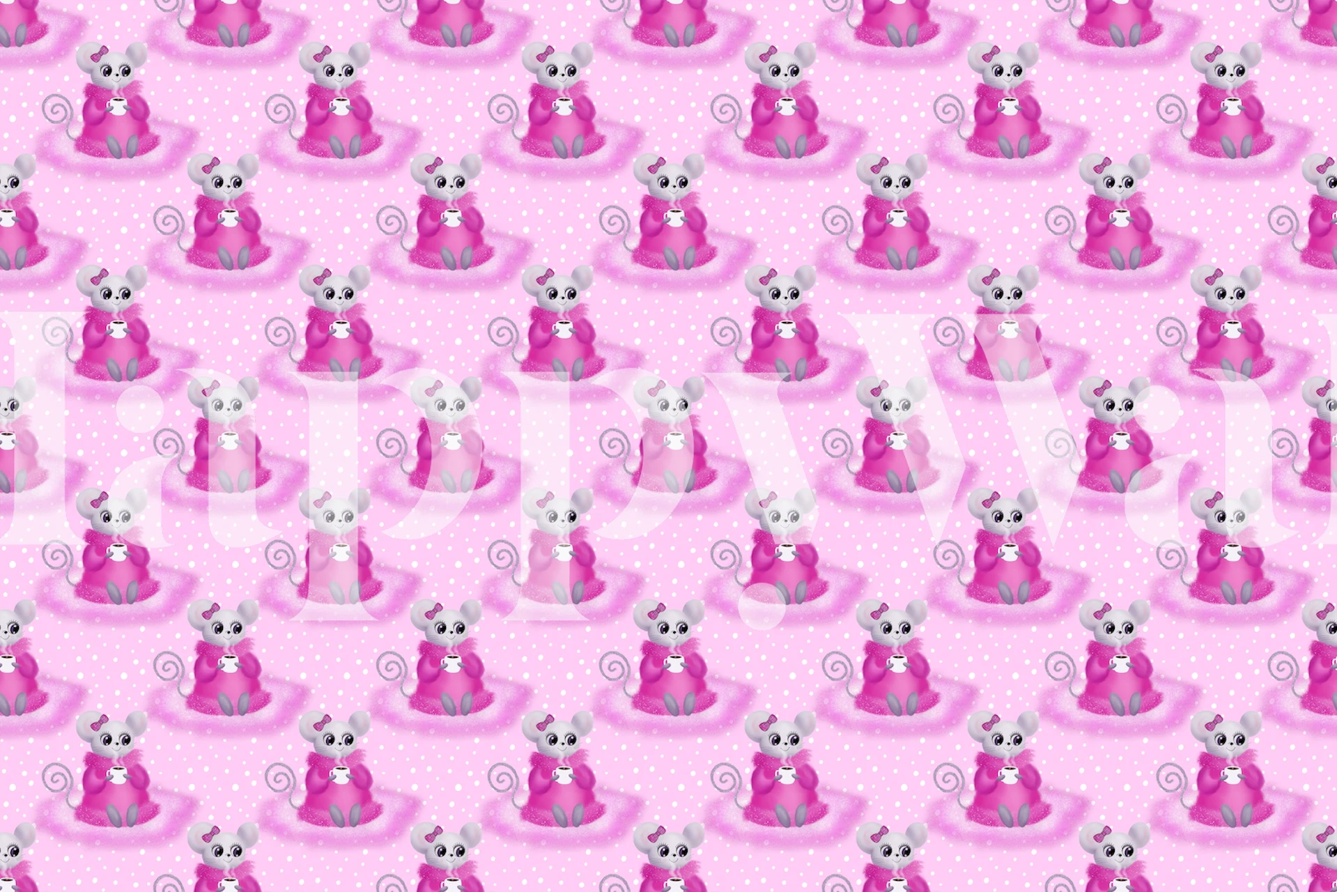 Cute pink mouse characters on a pink polka dot background wallpaper