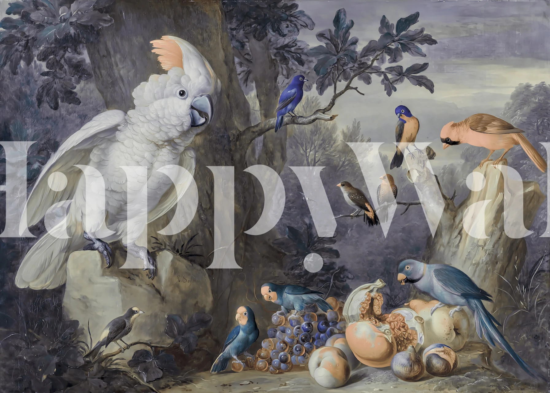 Kleurige vogels en fruit in vintage stijl wallpaper