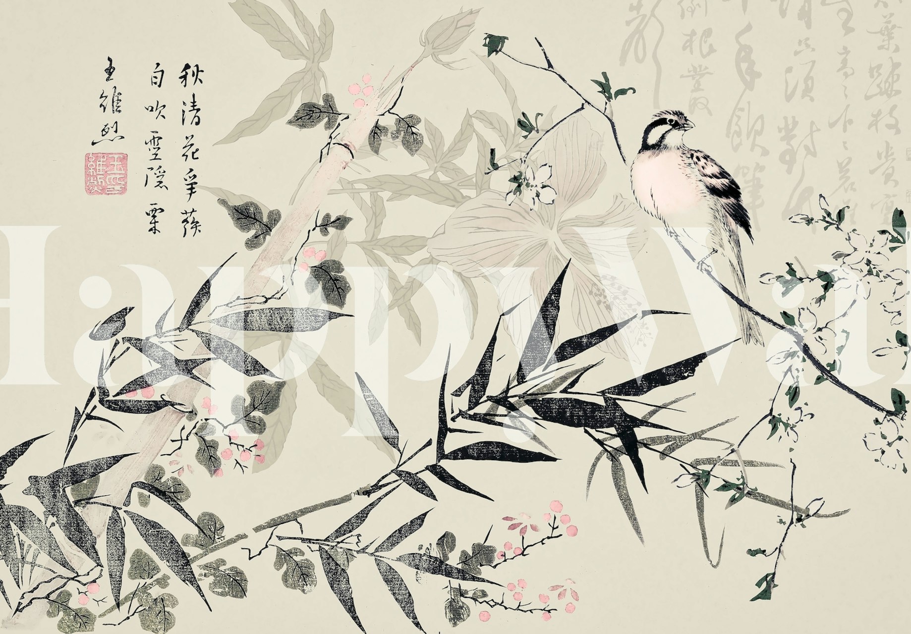 Bamboo Chinoiserie Beige tapetti huoneessa