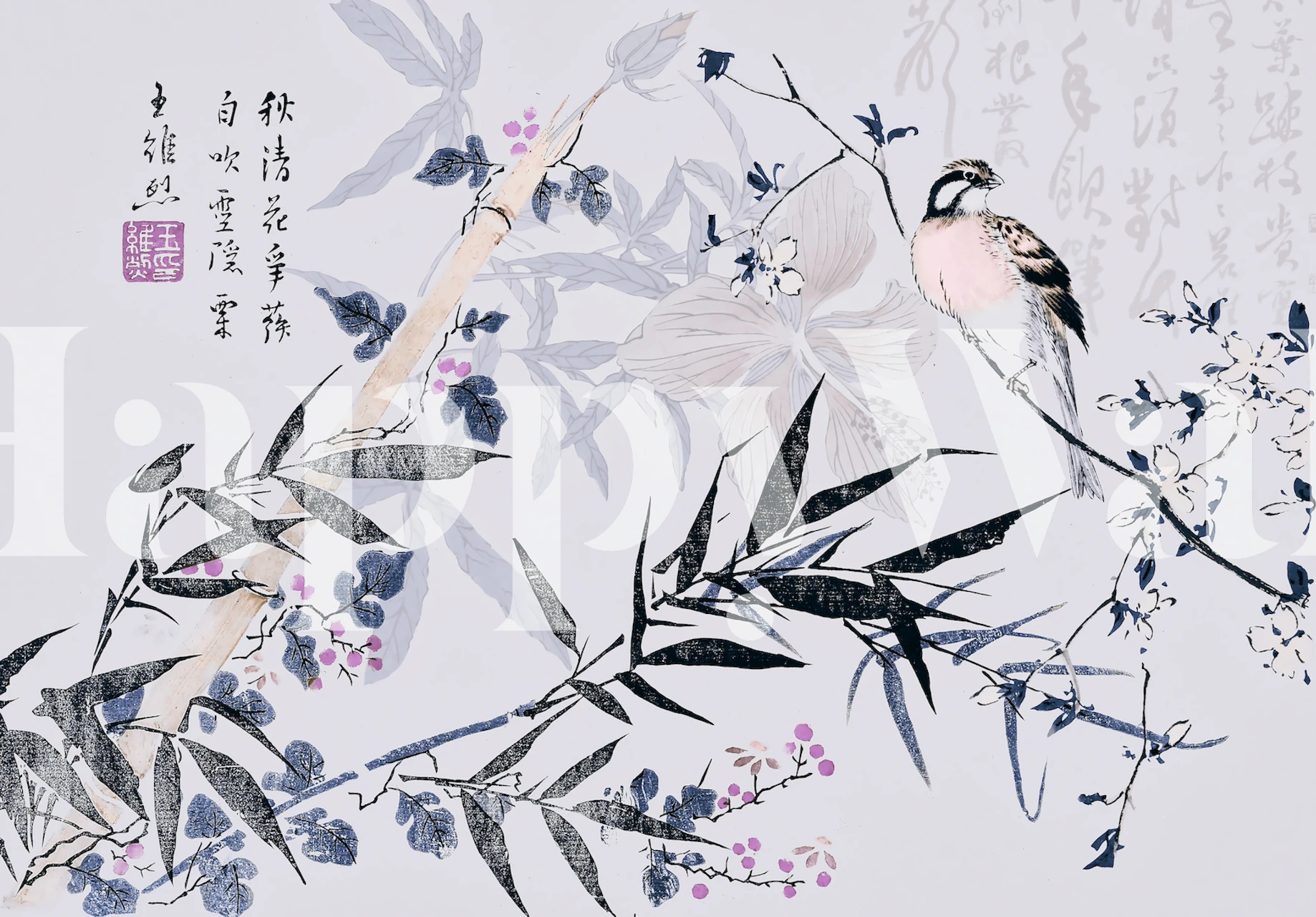 Bamboo Chinoiserie Blue wallpaper in een kamer