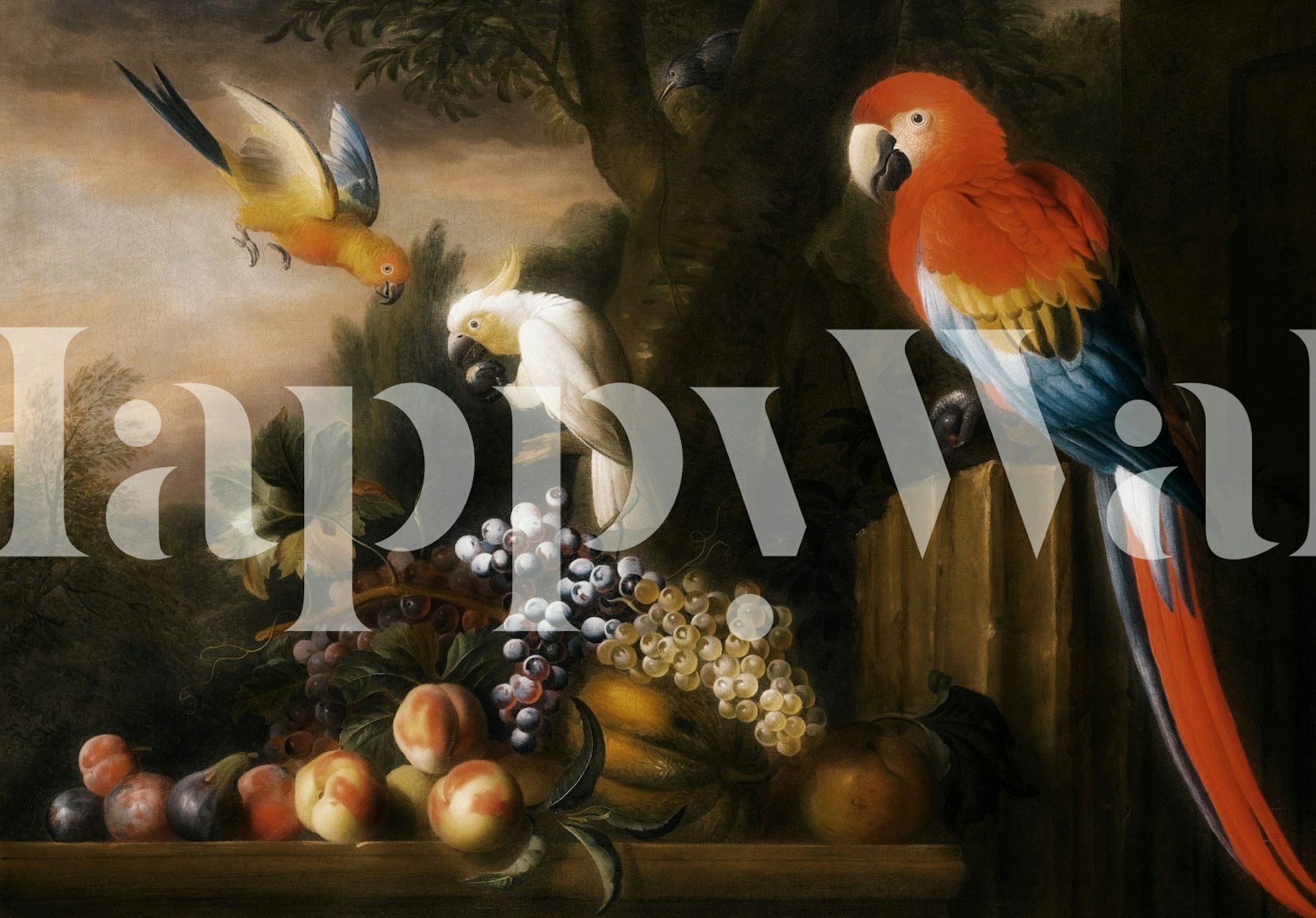 Tropical birds and fruits in dark hues wallpaper