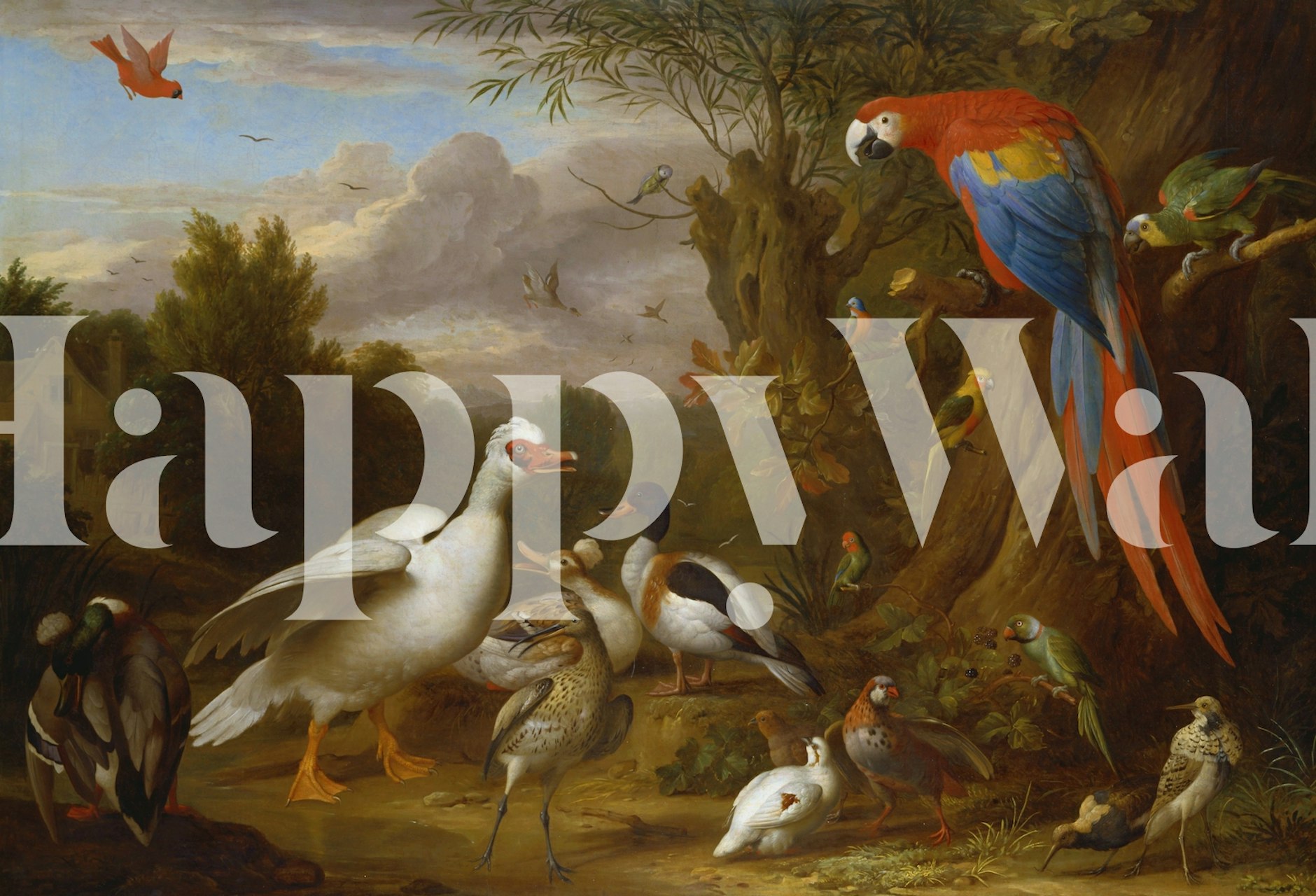 Baroque Vintage Tropical Bird Garden wall mural with colorful birds