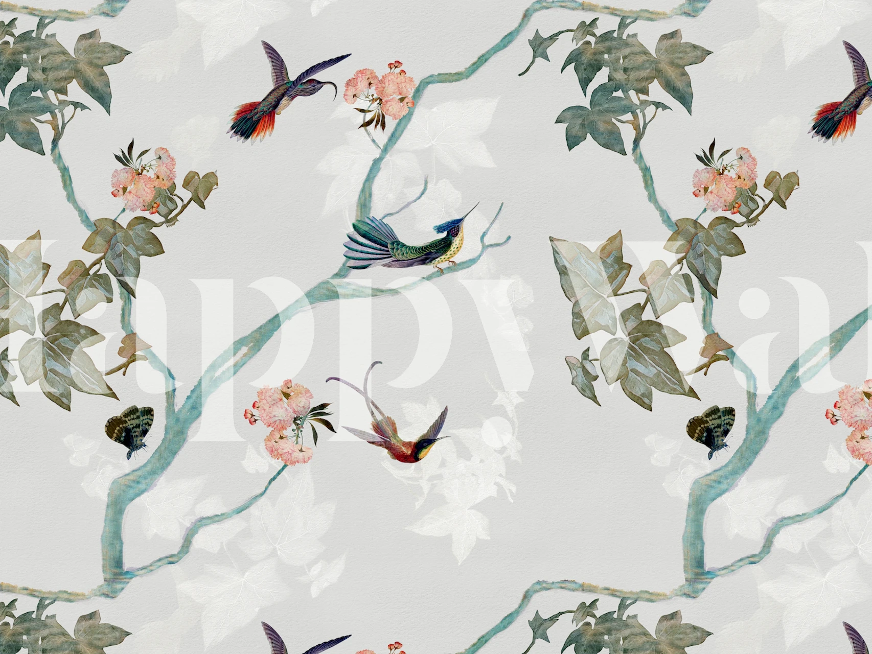 Papier peint mural chinoiserie avec oiseaux et branches fleuries sur fond doux