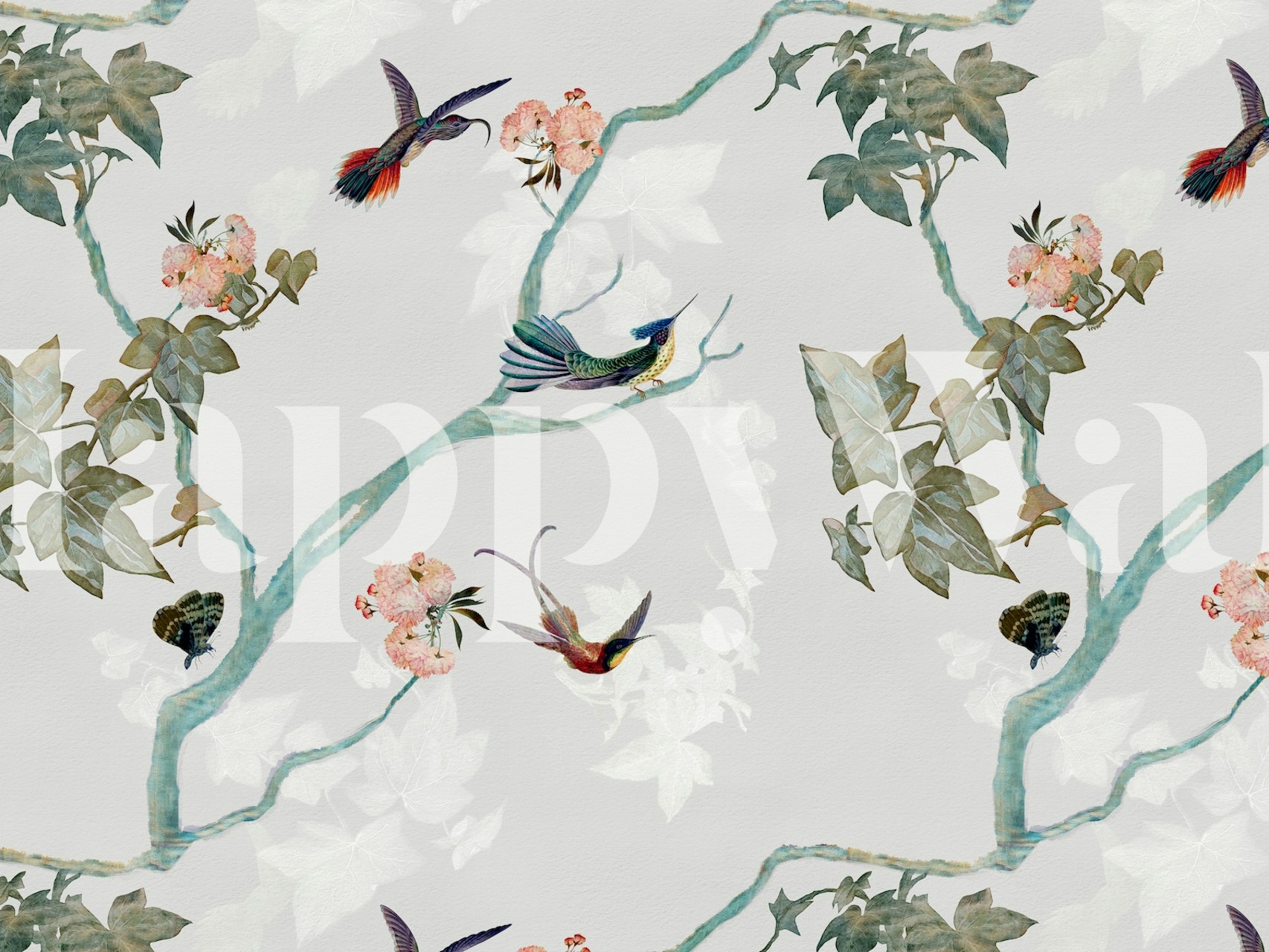 Chinoiserie wallpaper with floral patterns and colorful birds