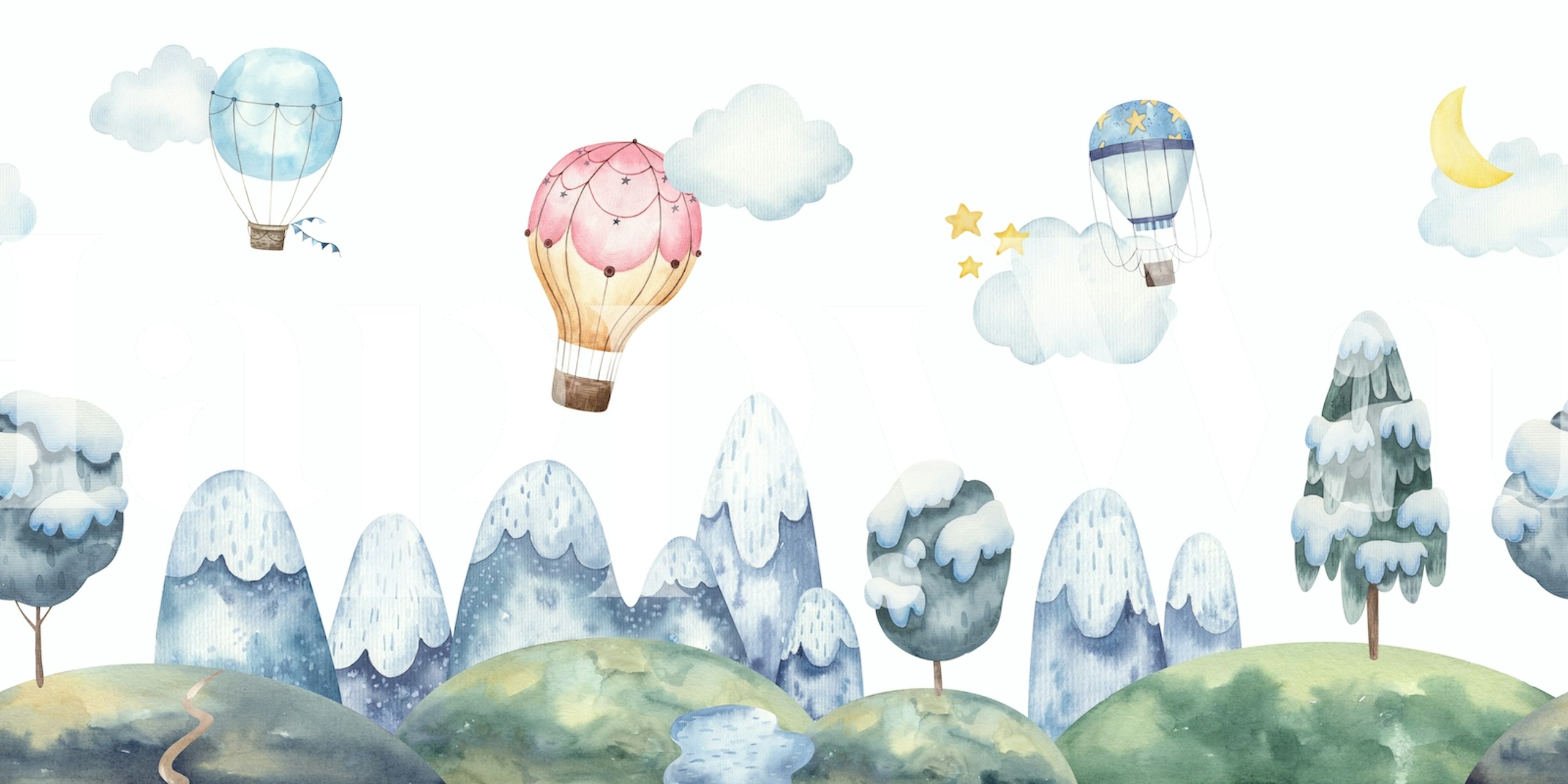 Hot air balloons in pink, blue, and yellow with clouds and mountains wallpaper