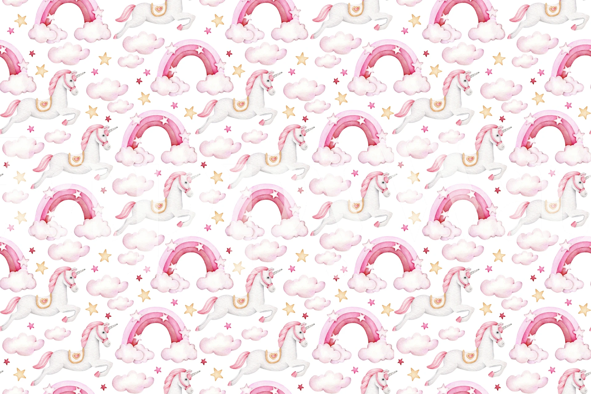 Unicorns, rainbows, and clouds on white background wallpaper