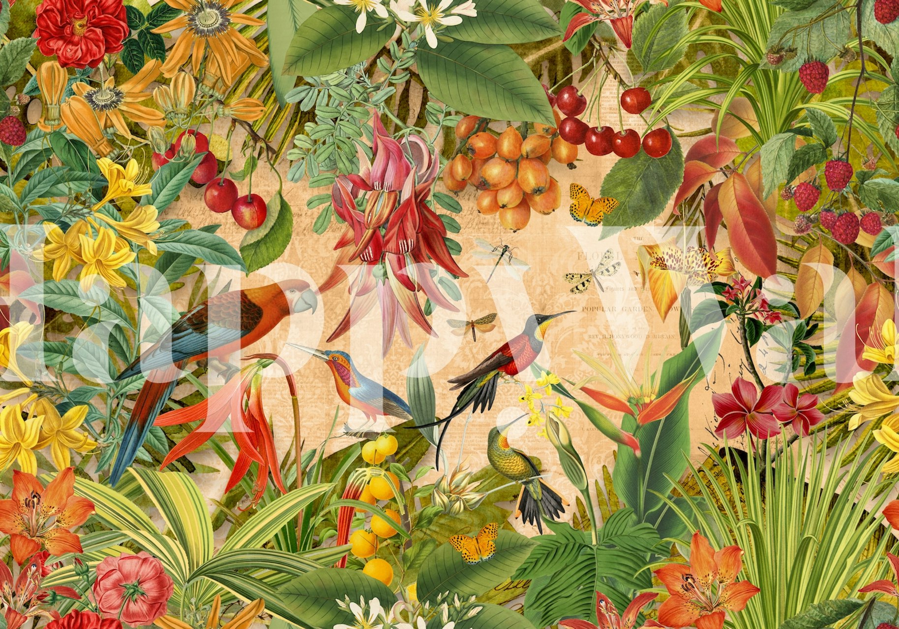 Vibrant tropical flowers, colorful birds, and foliage wallpaper