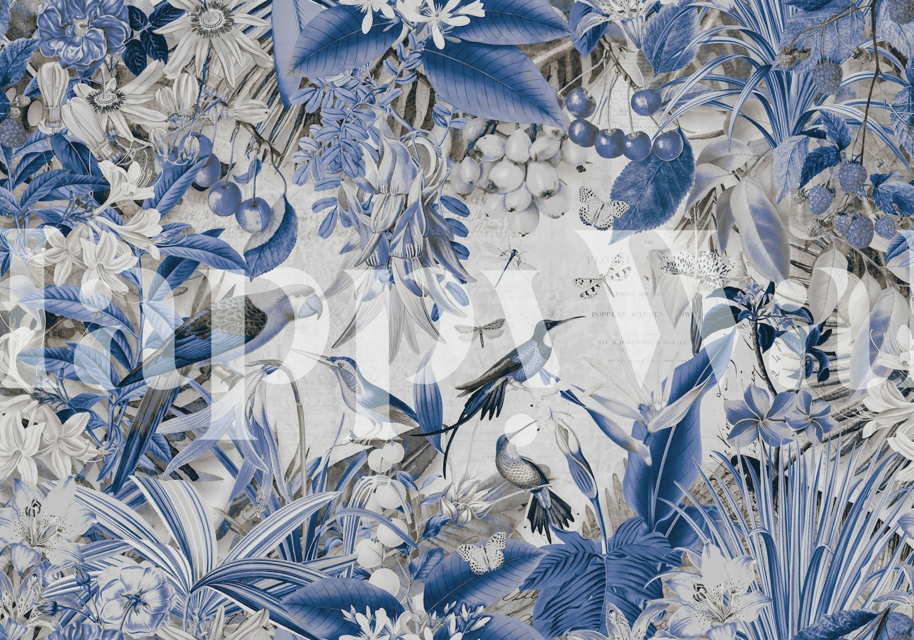 Tropical floral design with blue hues and birds wallpaper