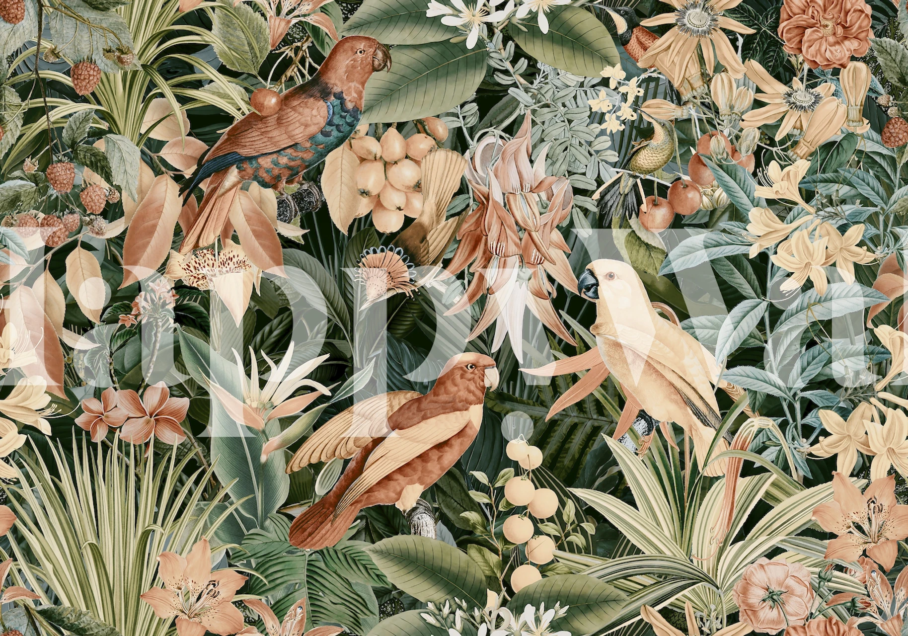 Tropical wallpaper with birds, flowers, and green leaves