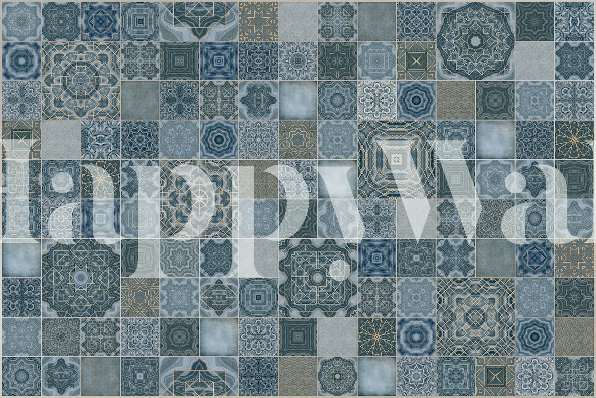 Αυτοκόλλητος τοίχος Vintage Tiles Teal Blue σε δωμάτιο