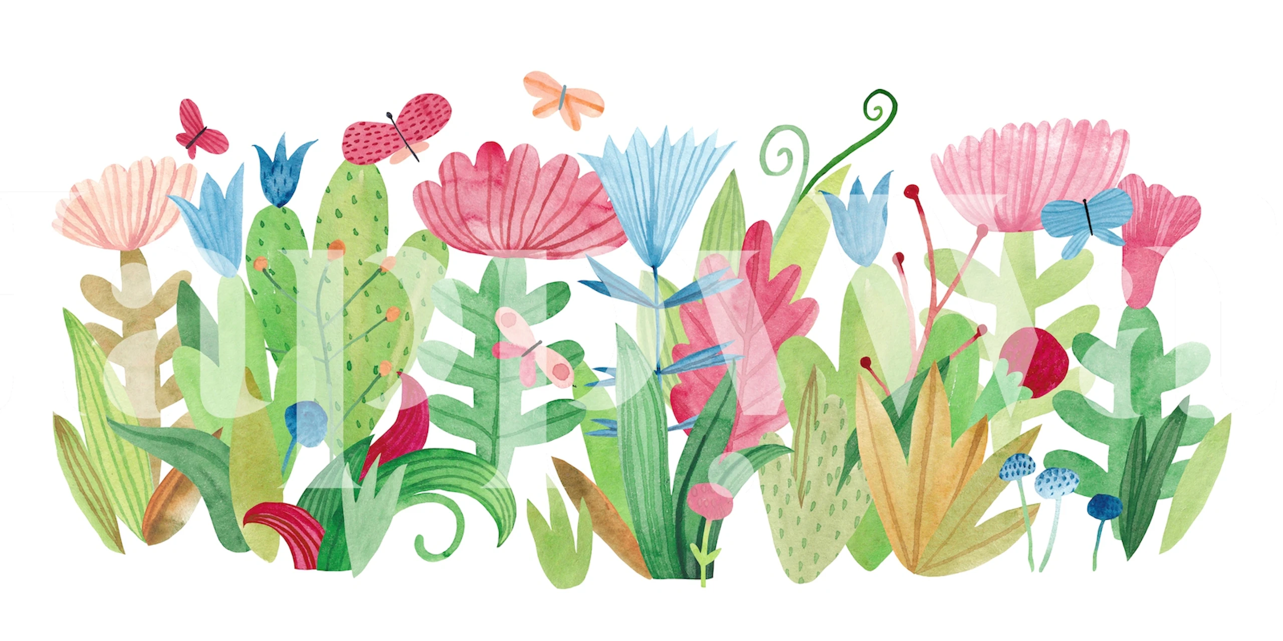 Colorful flowers and leaves in shades of pink, green, and blue wallpaper