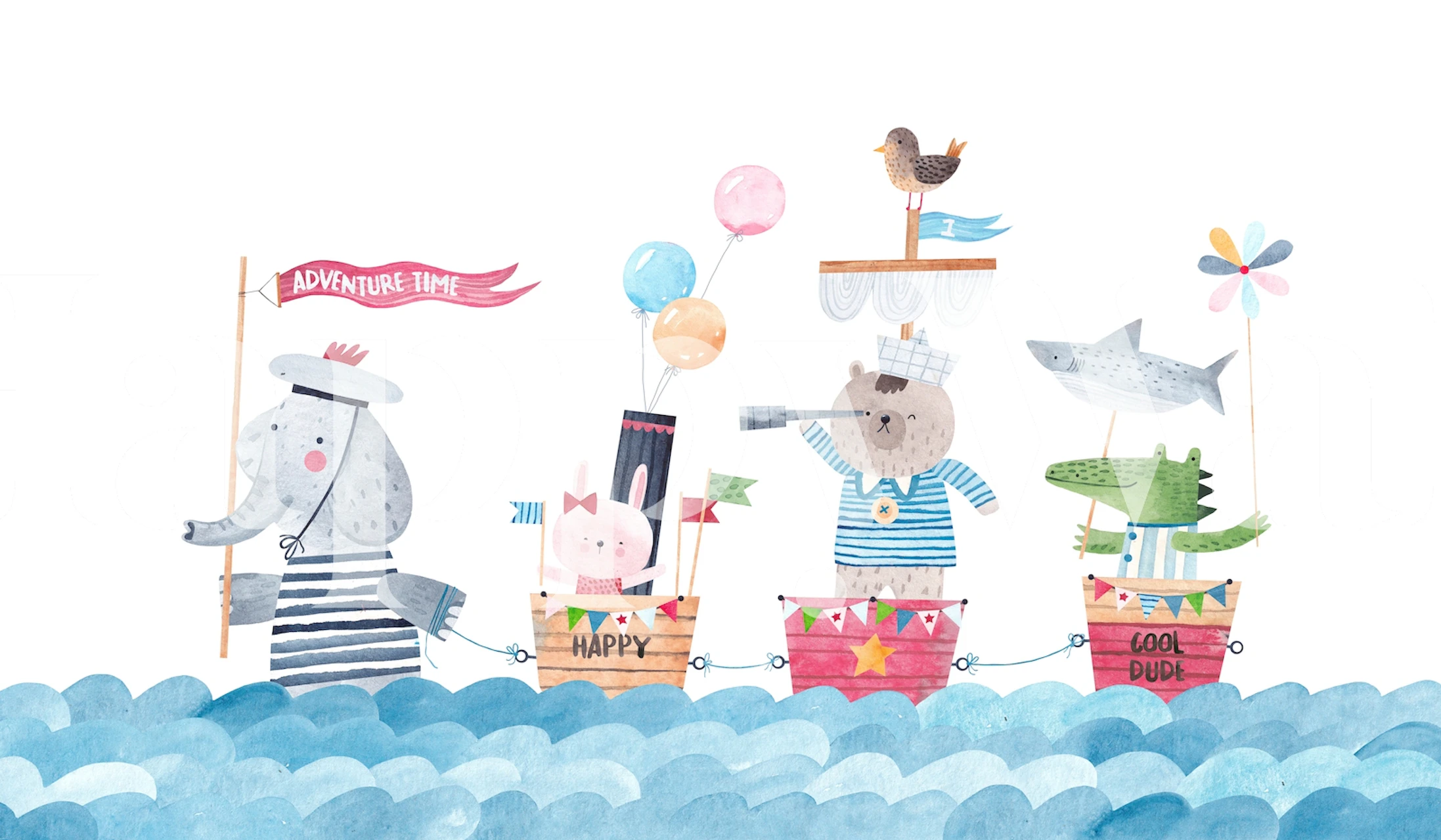 Illustrated sea adventure wall mural with animals sailing on the ocean