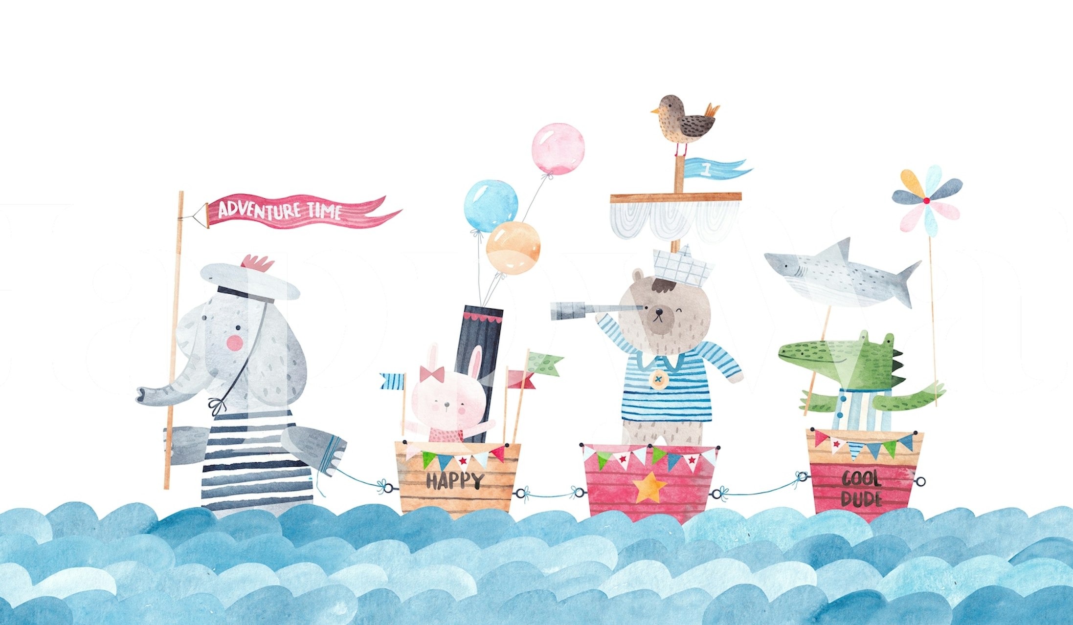 Illustrated sea adventure wall mural with animals sailing on the ocean