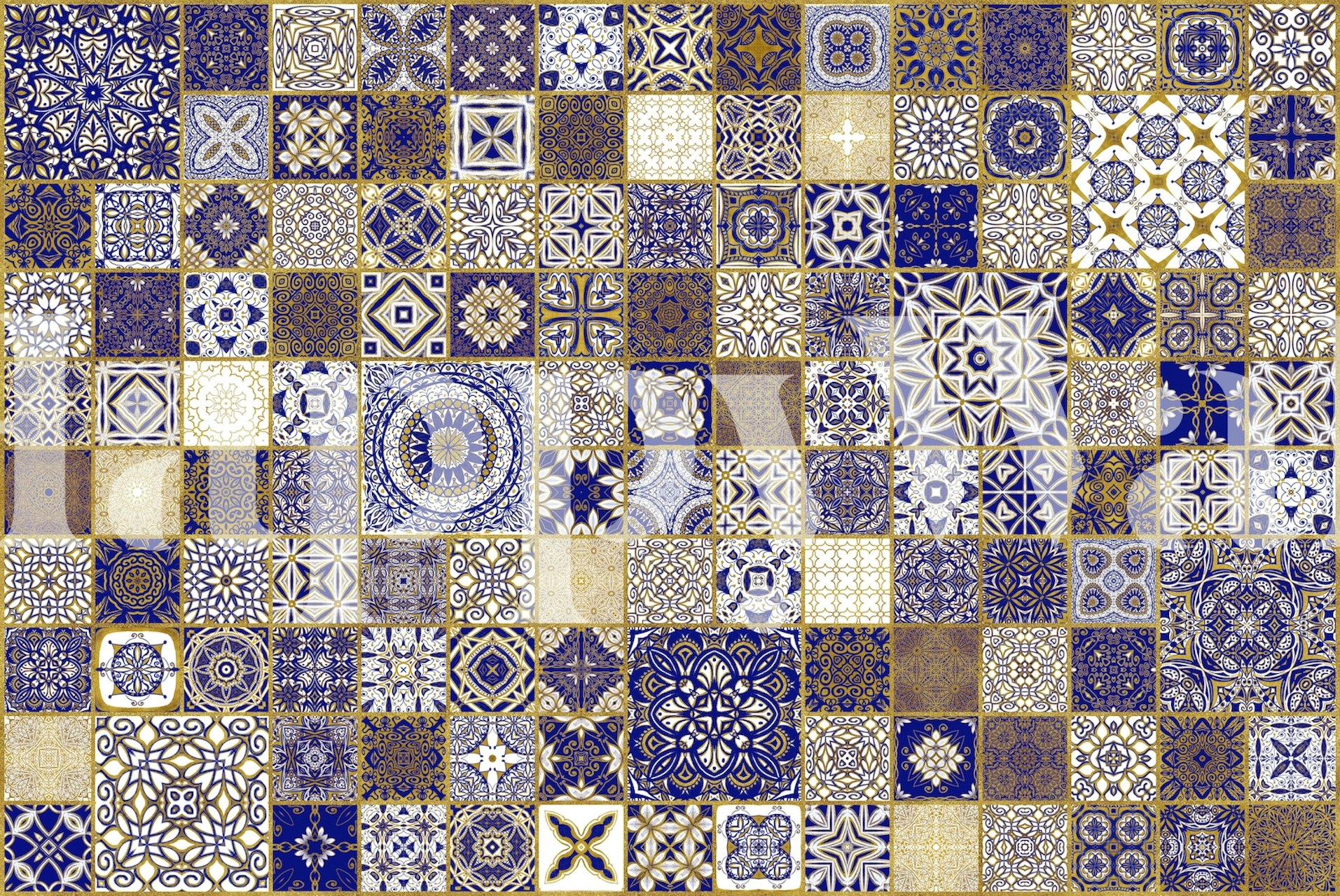 Blue, gold, and white vintage tile patterns wall mural