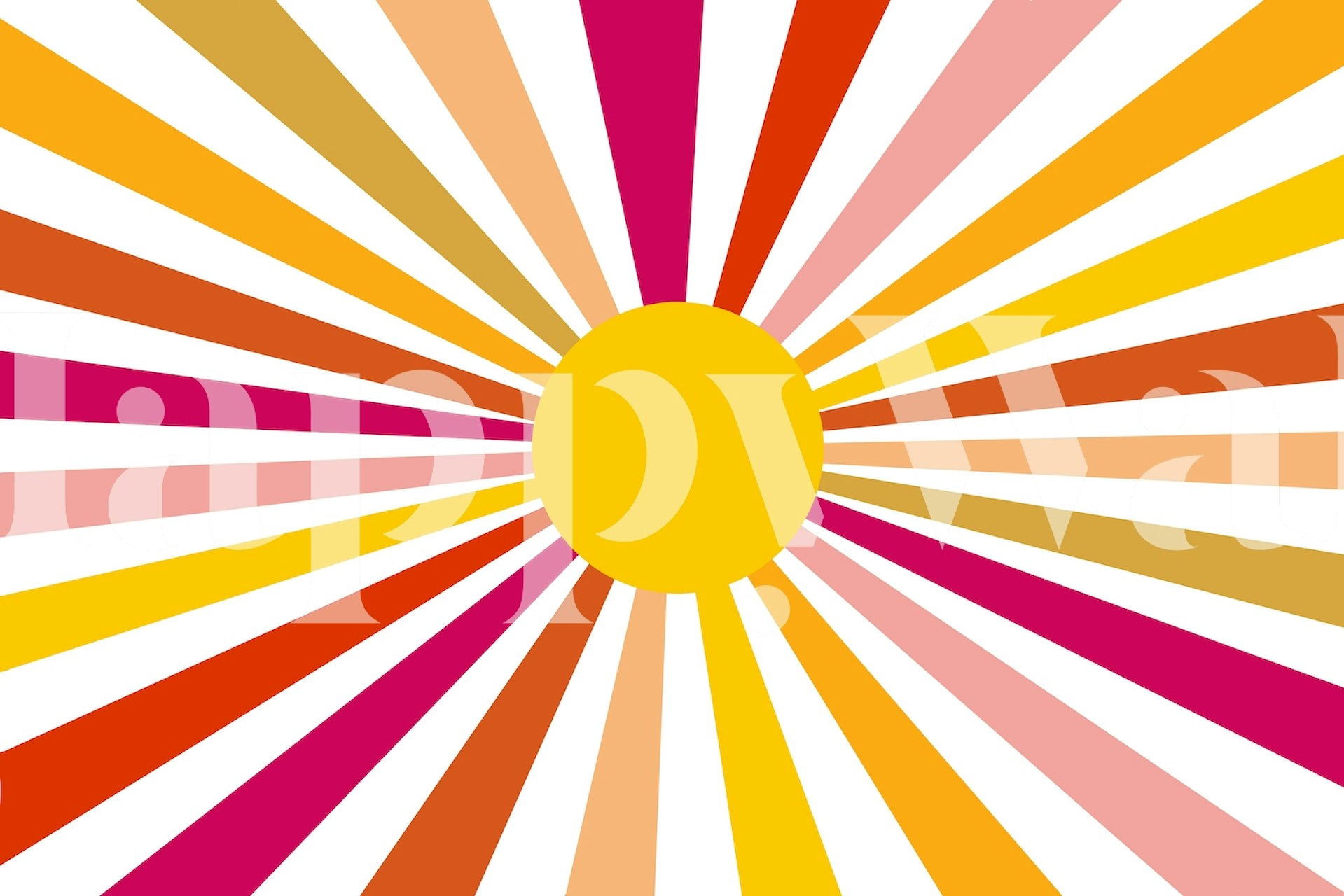 Colorful retro sunburst pattern with yellow center and radiating stripes wallpaper