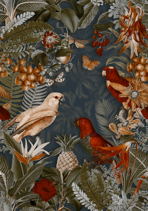 Tropical Bird Wallpaper with Dark Green Leaves