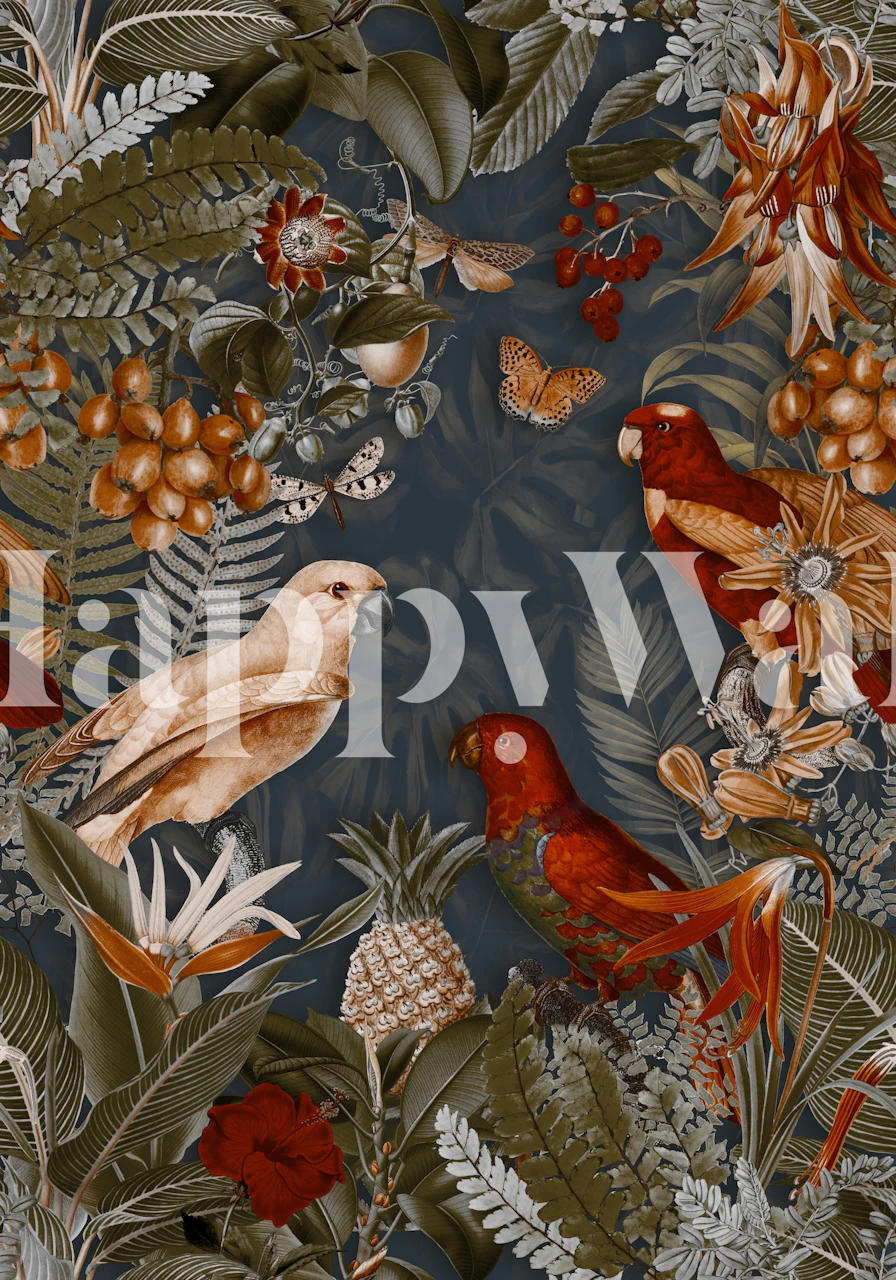 Tropical parrots surrounded by dark foliage and colorful flowers wallpaper