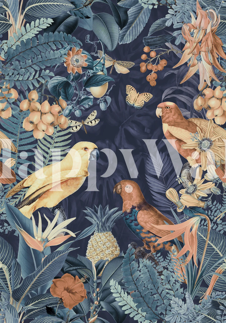 Tropical Blue Midnight Jungle with colorful Parrots wall mural