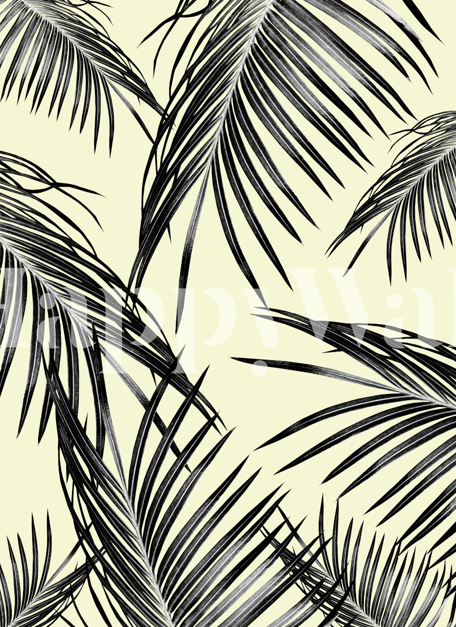 Black palm leaves on cream background wallpaper