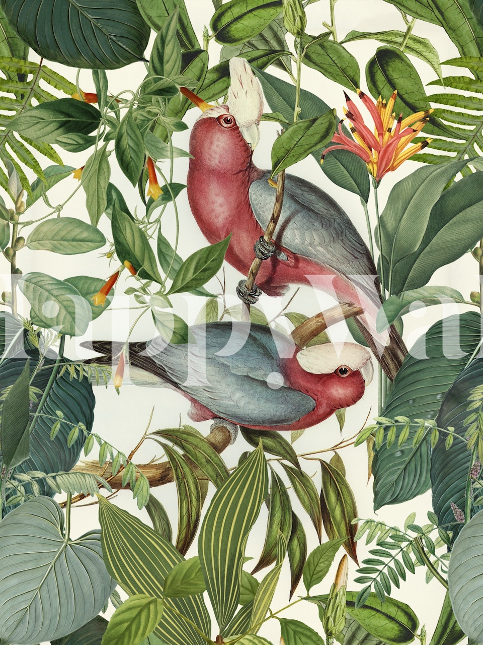 Cockatoos among lush green foliage and vibrant flowers wallpaper
