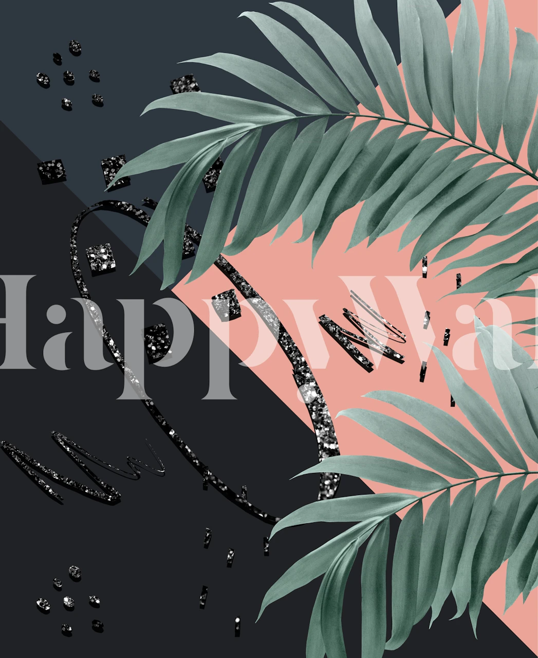 Tropical palm leaves on a pink and black background wallpaper