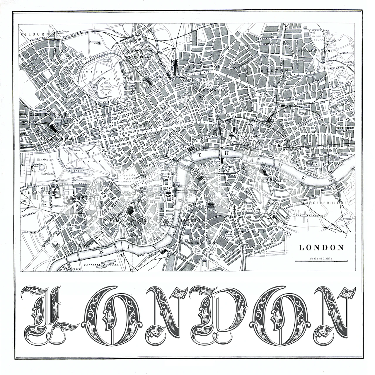 Historic street map of London in black and white wallpaper