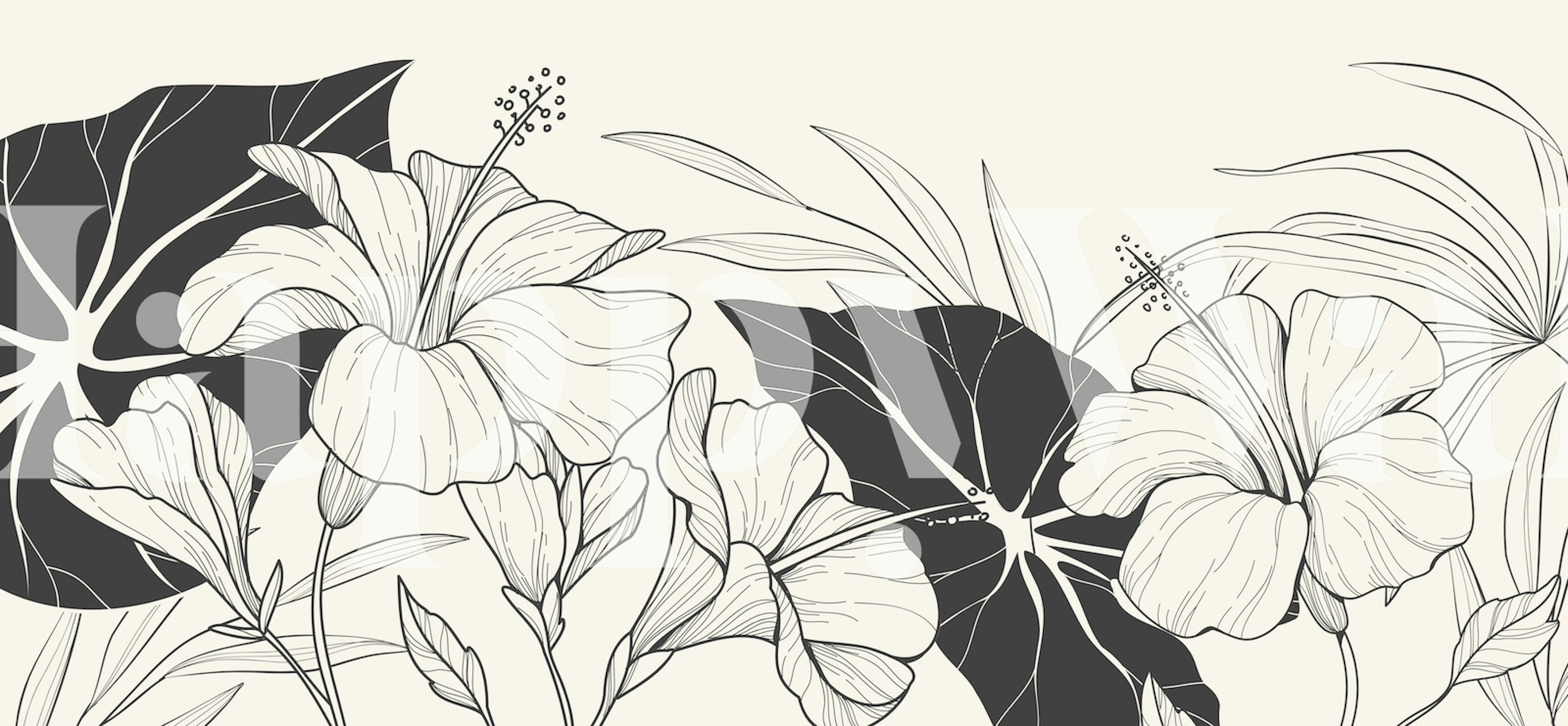 Black and white floral patterns with bold leaves and hibiscus flowers wallpaper