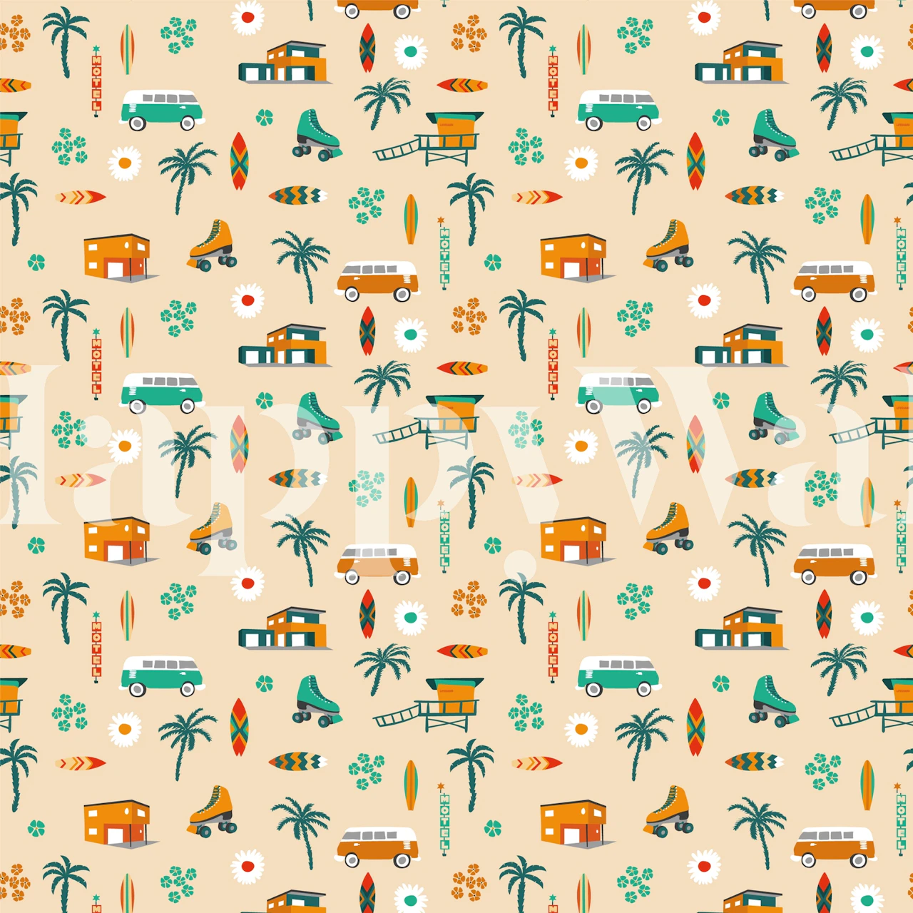 Bunte Tropen-Szenen mit Palmen, Surfbrettern und Häusern. Wallpaper