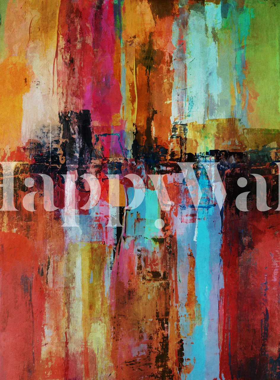 Abstract cityscape wall mural with vibrant colors and bold brushstrokes