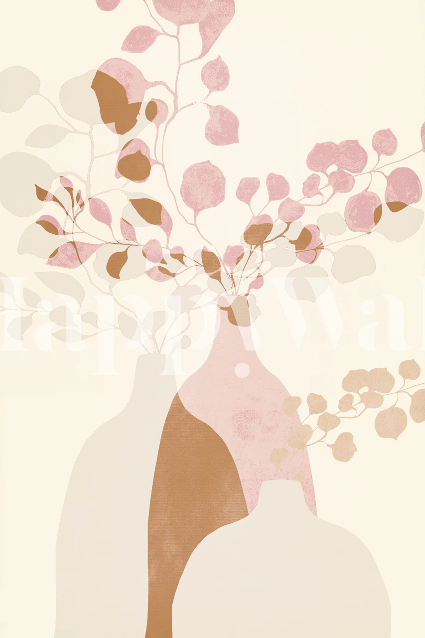 Floral vases with pink leaves on cream background wallpaper